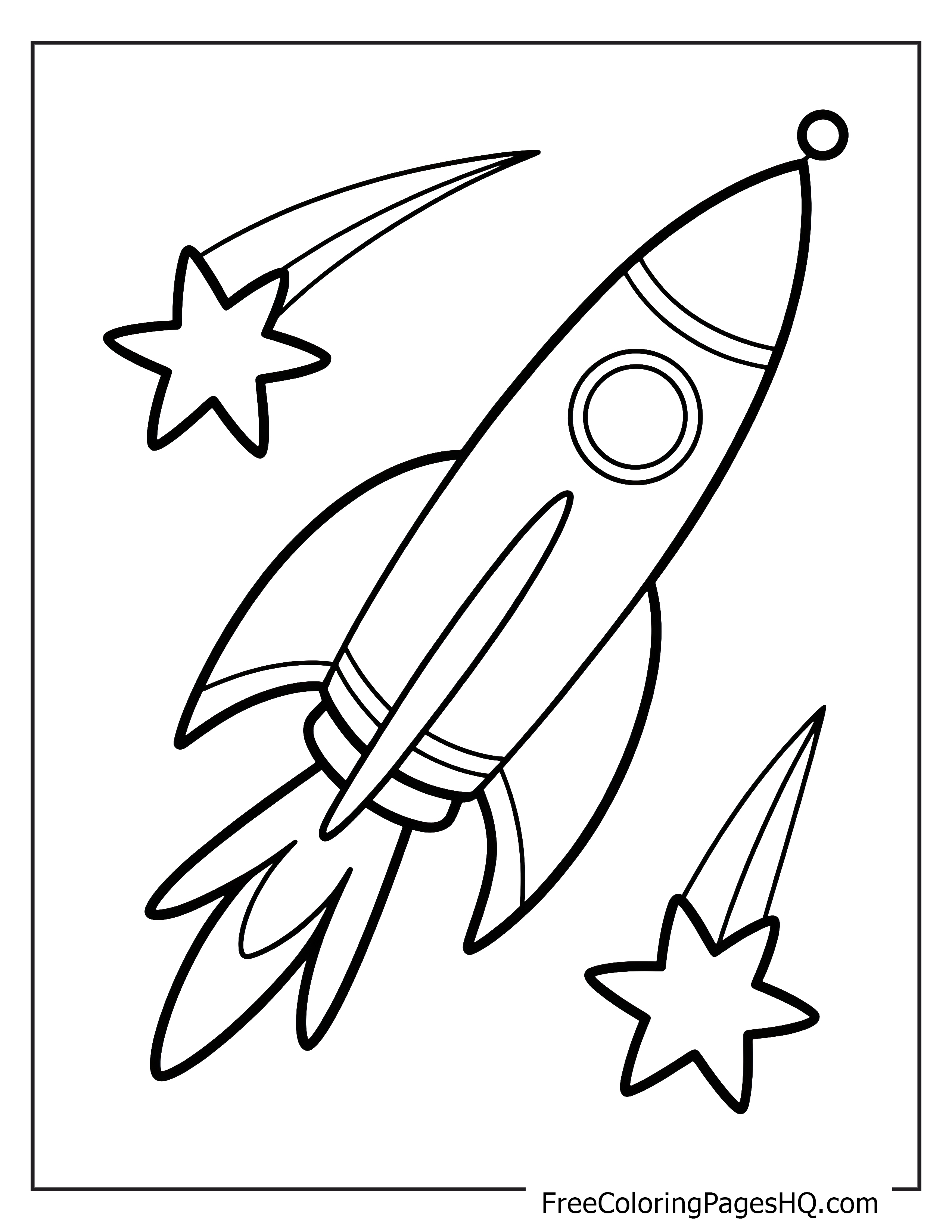 Rocket soaring in space with shooting stars around.