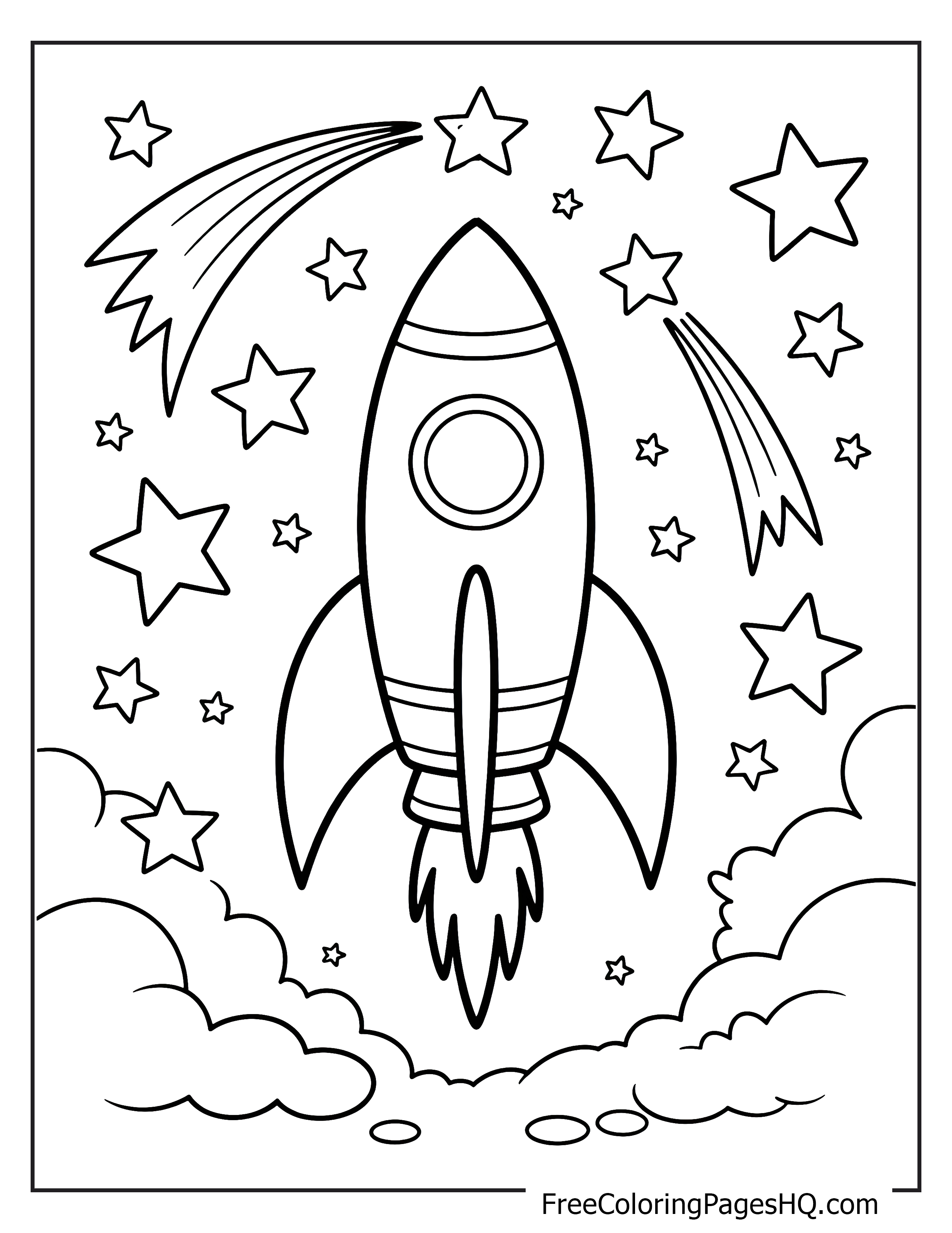 Rocket blasting through a sky filled with stars.