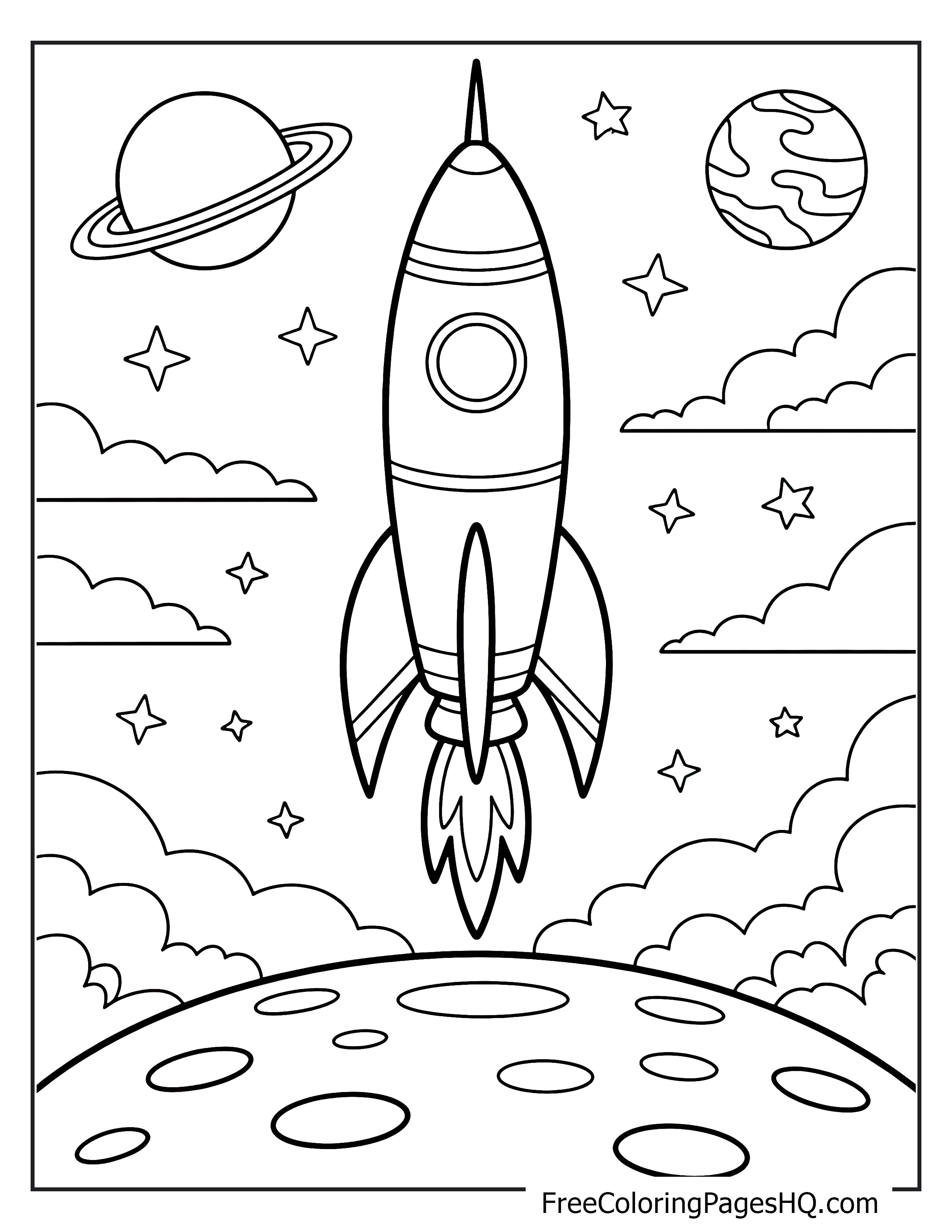 Rocket ship launching into space among stars and planets.