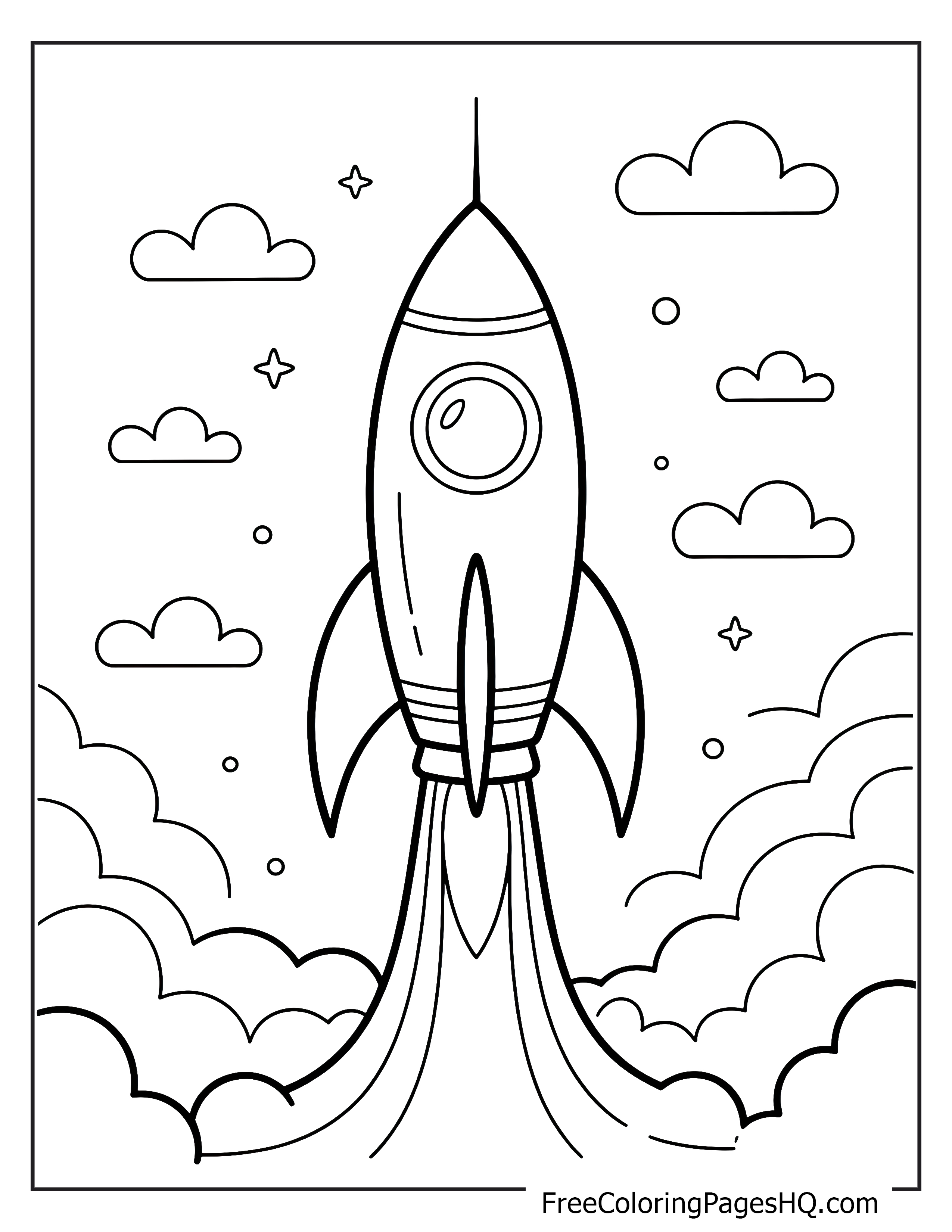 Rocket launching with clouds and stars around it.