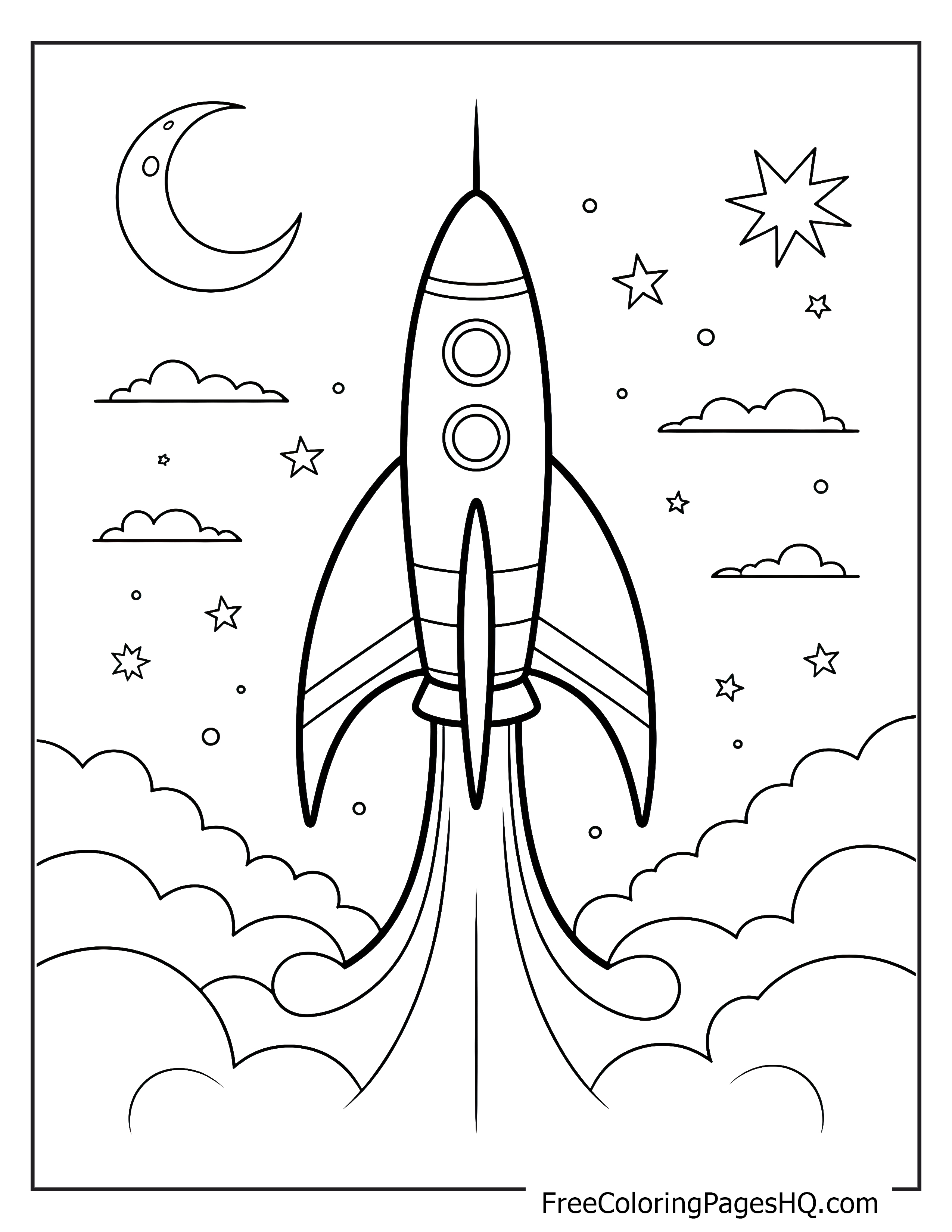 Rocket soaring amidst stars and moon in a night sky.