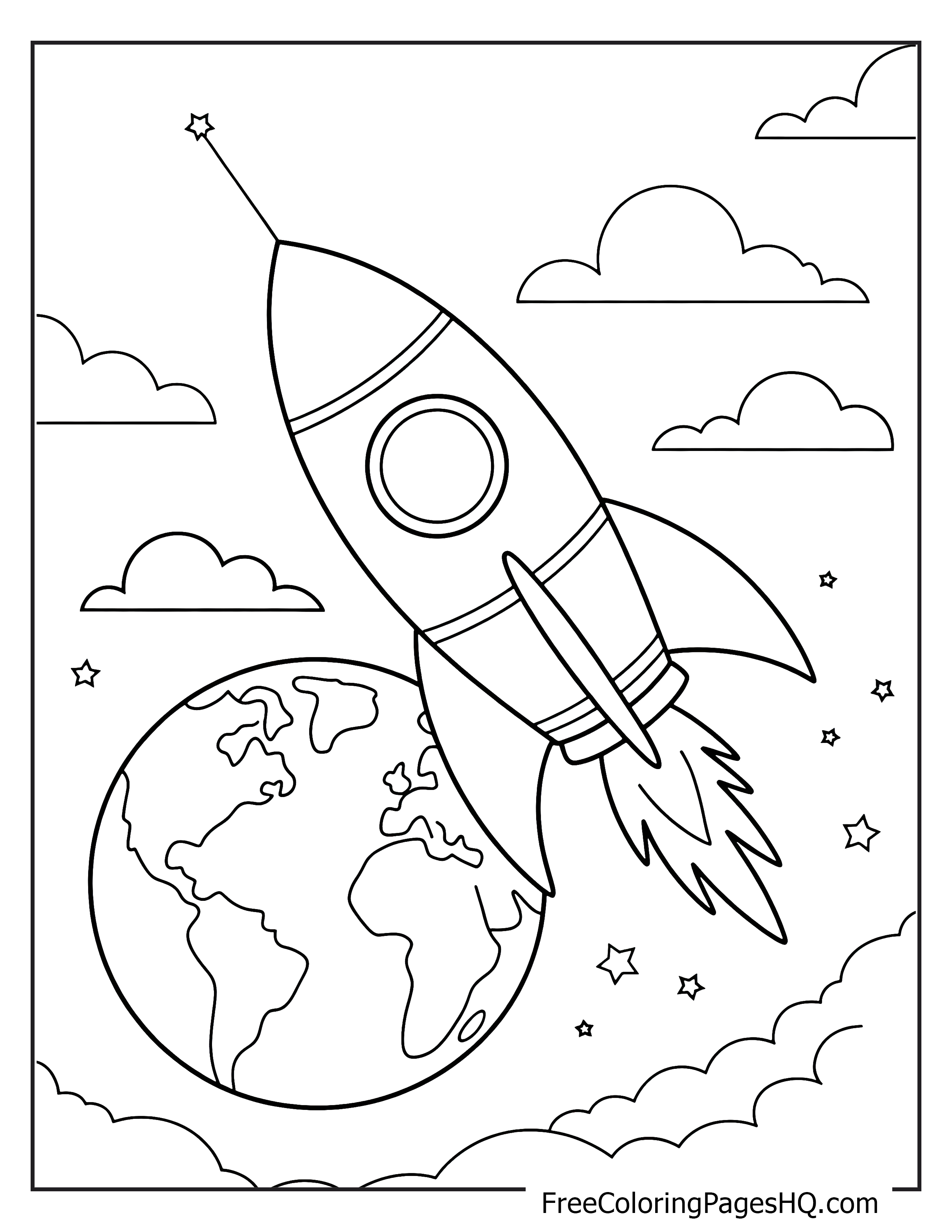 Rocket soaring above Earth with stars and clouds.