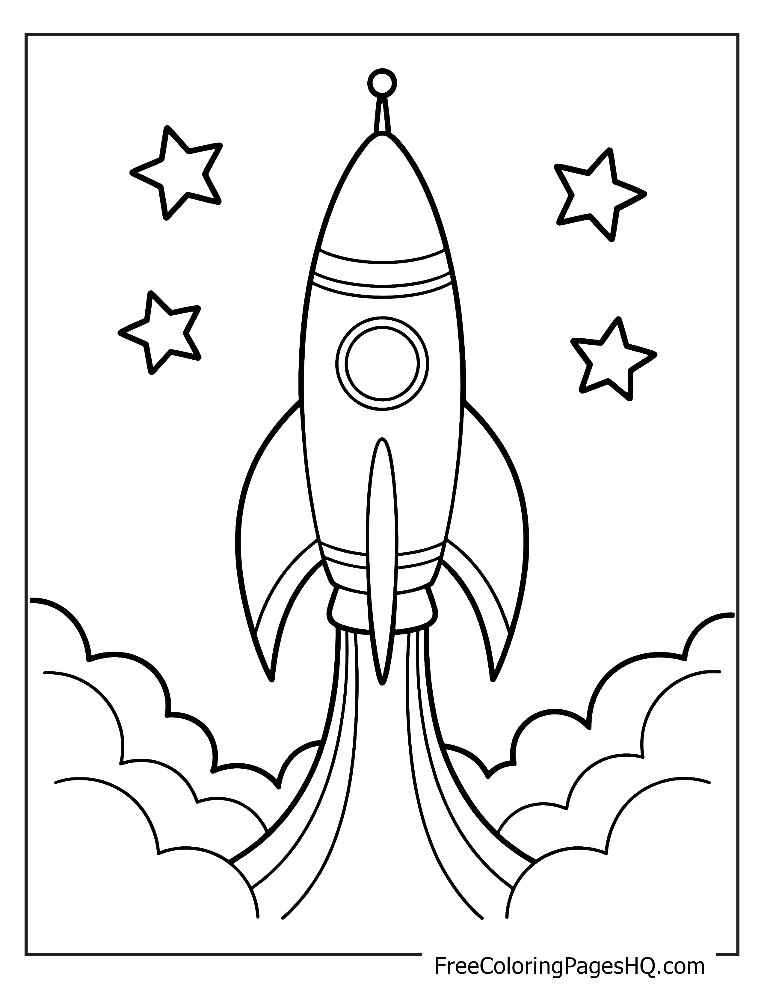 Rocket soaring with clouds and stars around it.