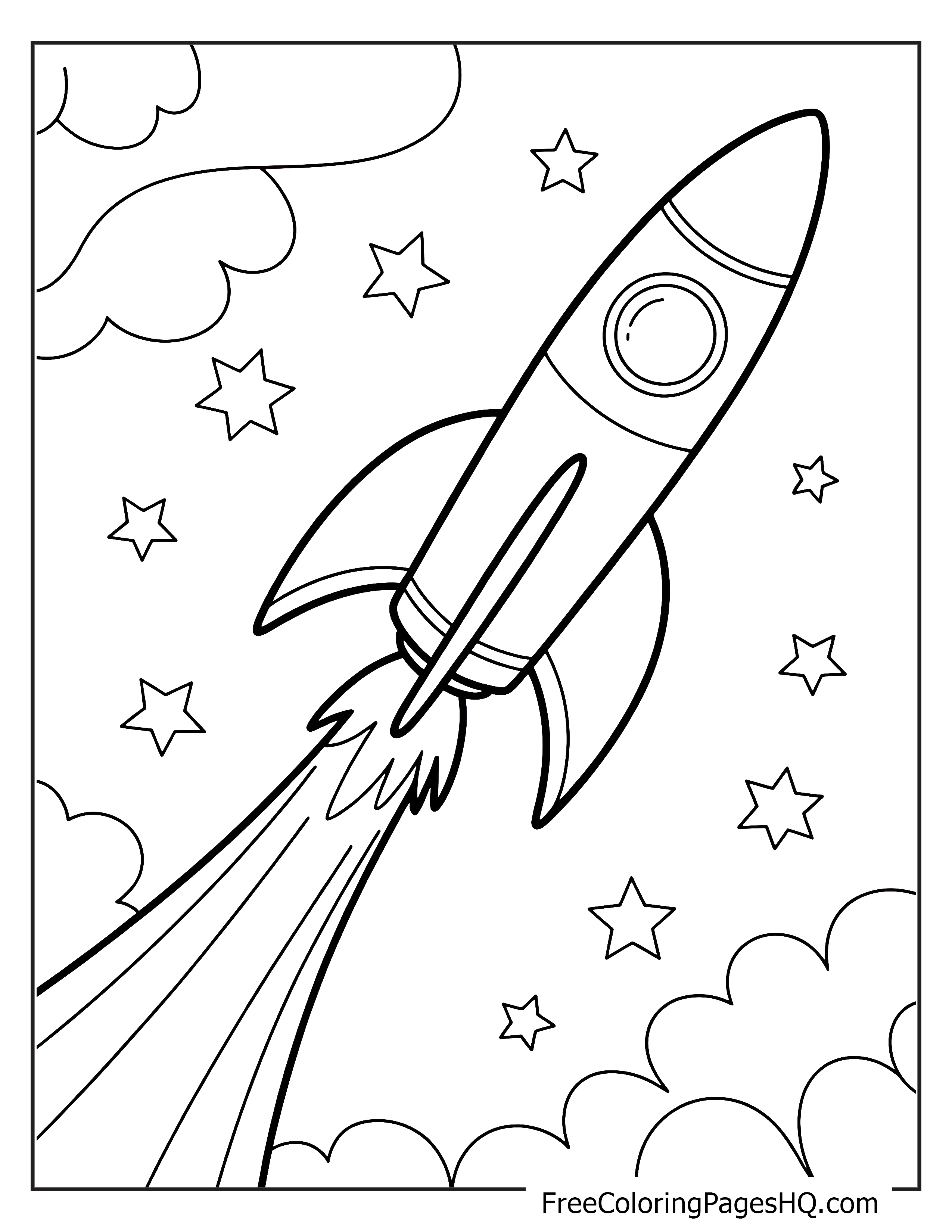 Rocket blasting off into a starry sky.