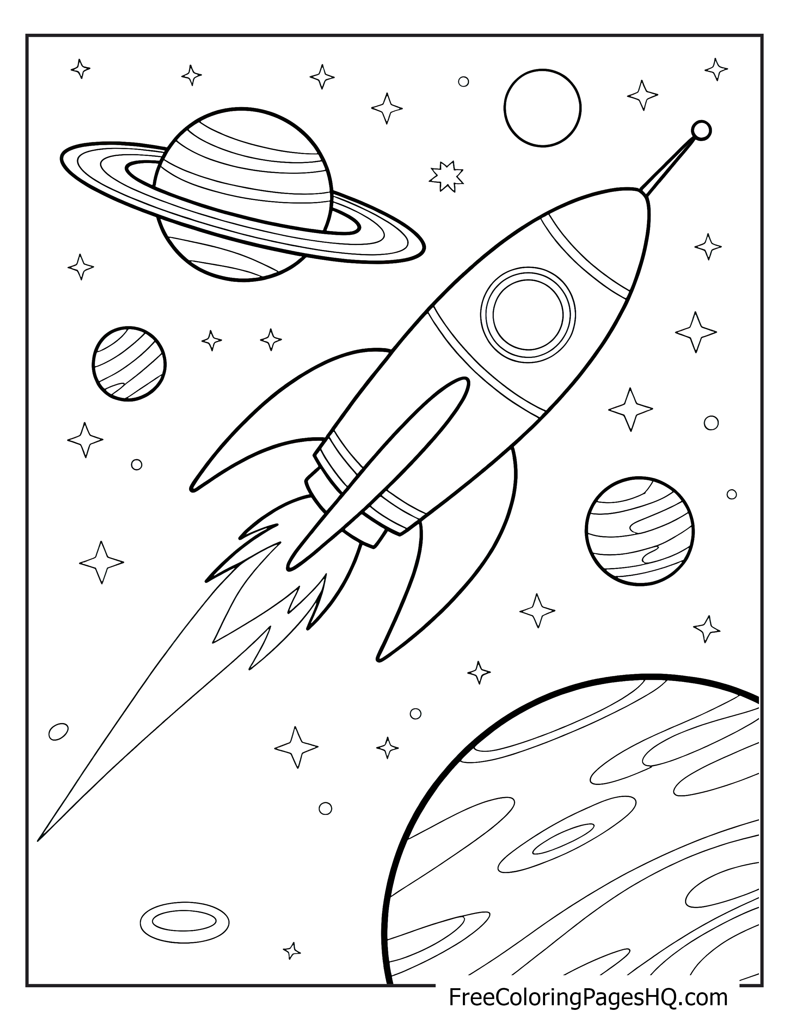 Illustration of a rocket ship soaring among planets and stars.