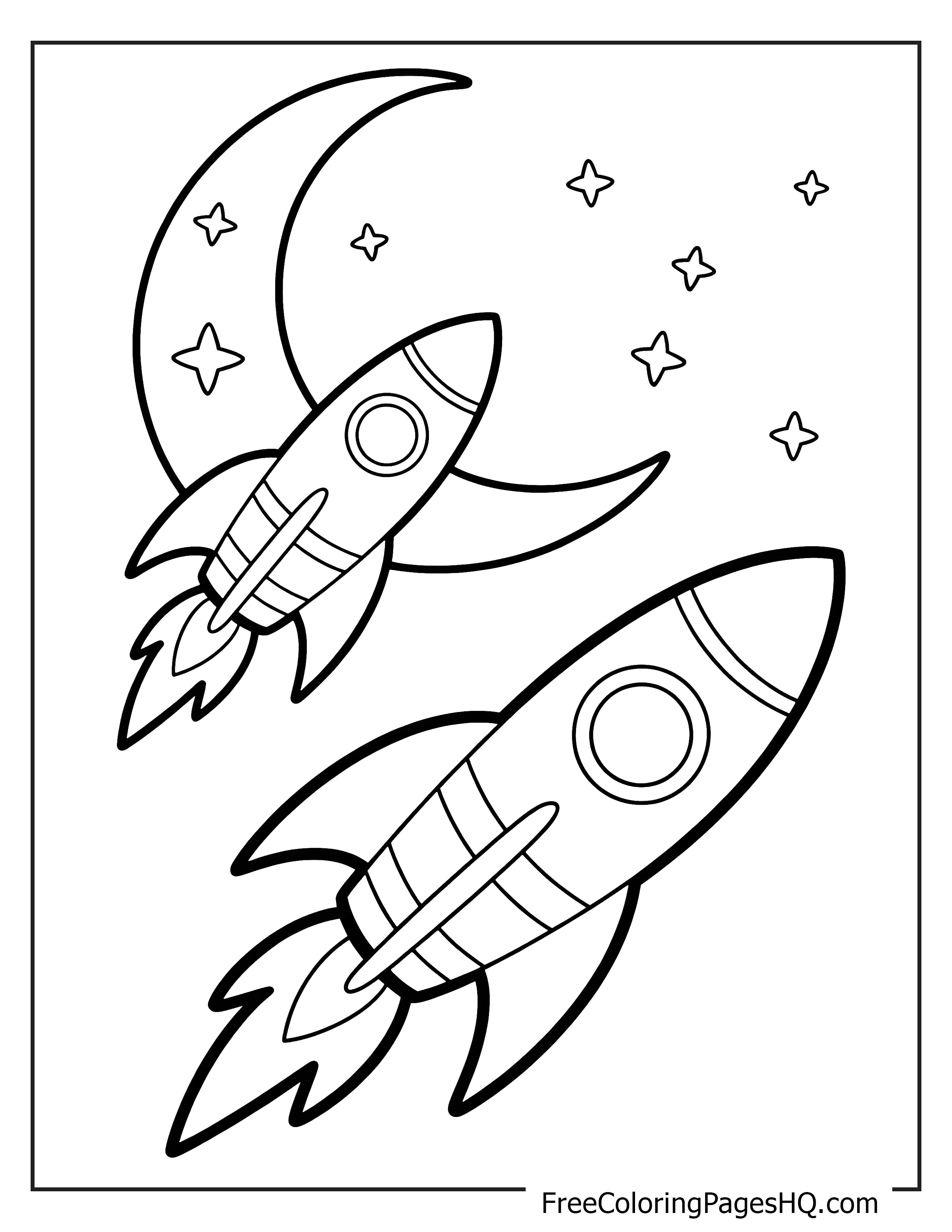 Illustration of rocket ships with stars and a crescent moon.