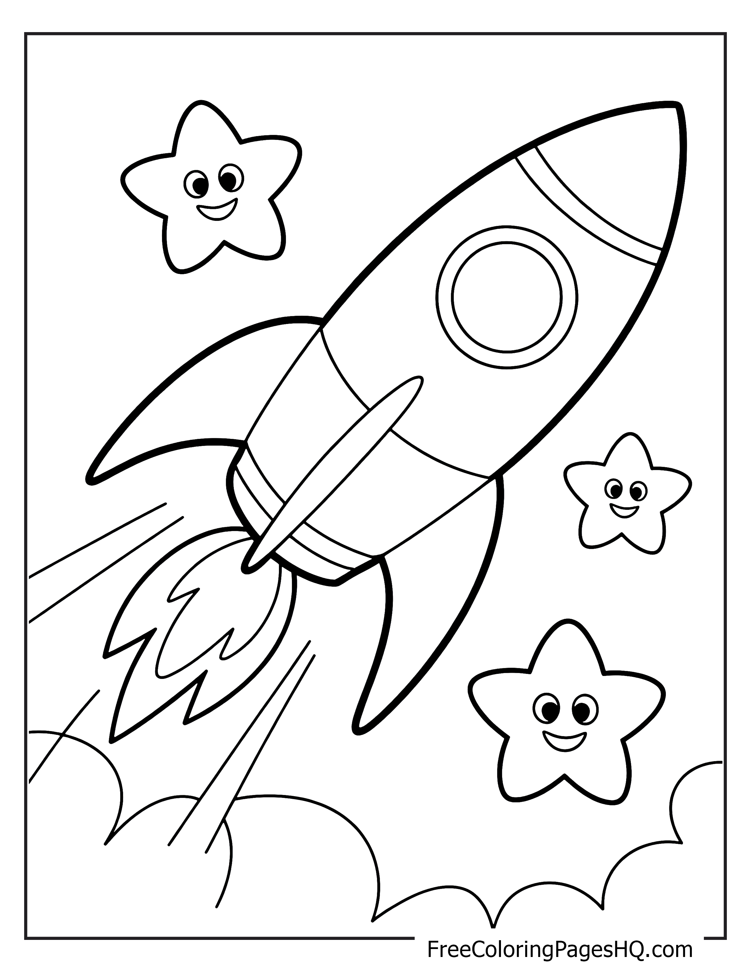 Rocket flying through space with cheerful stars illustration.