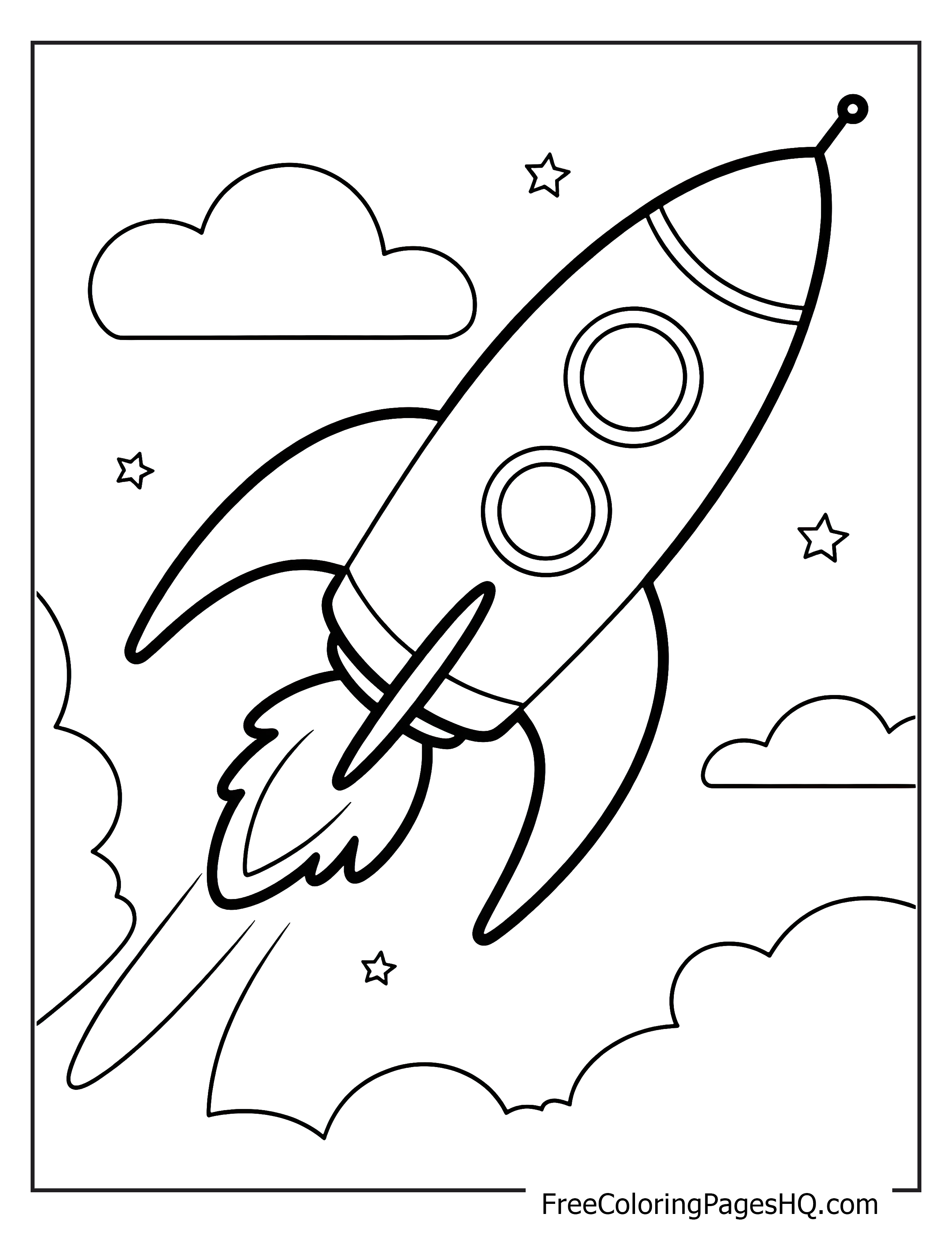 Rocket flying through space with clouds and stars.