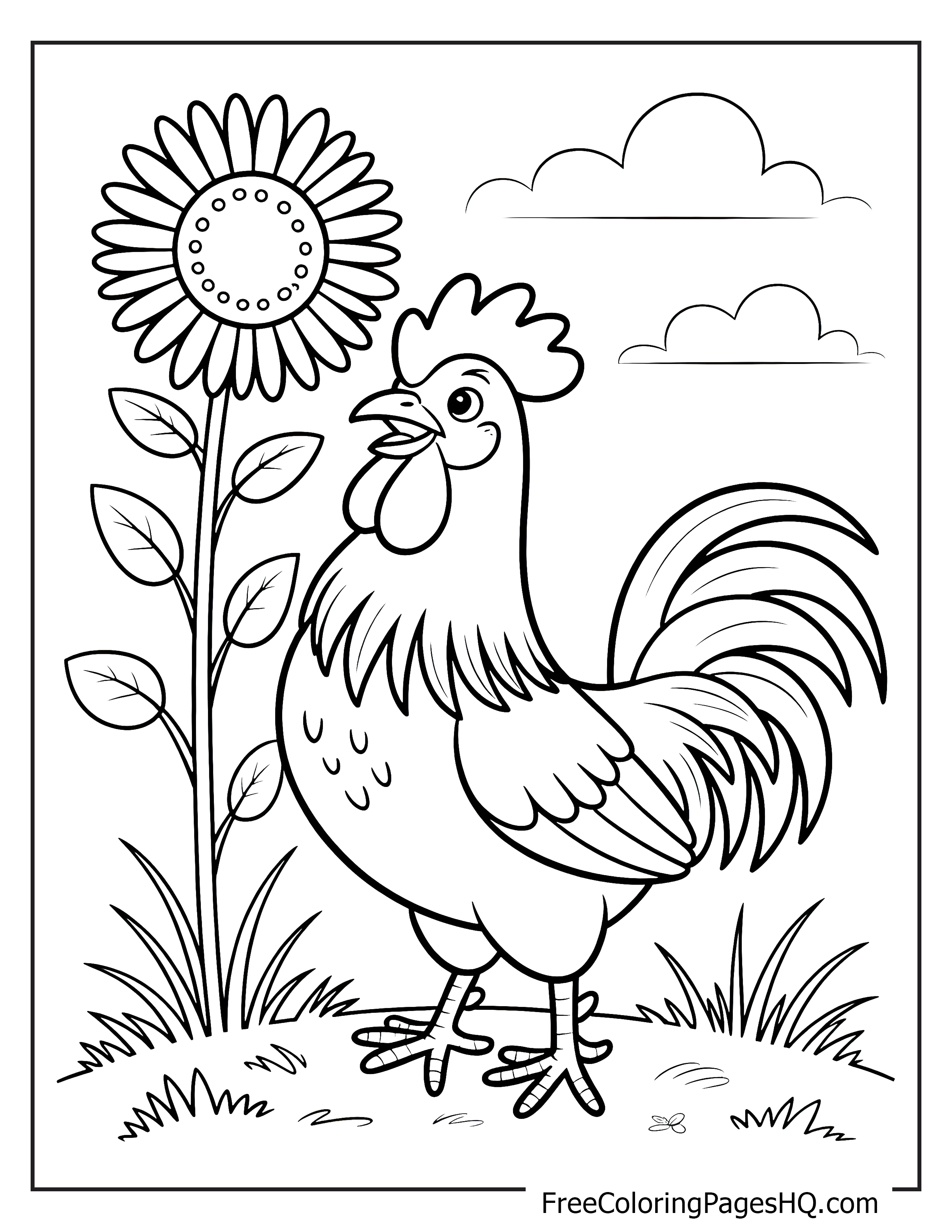 A rooster stands next to a sunflower in a grassy garden with clouds above.