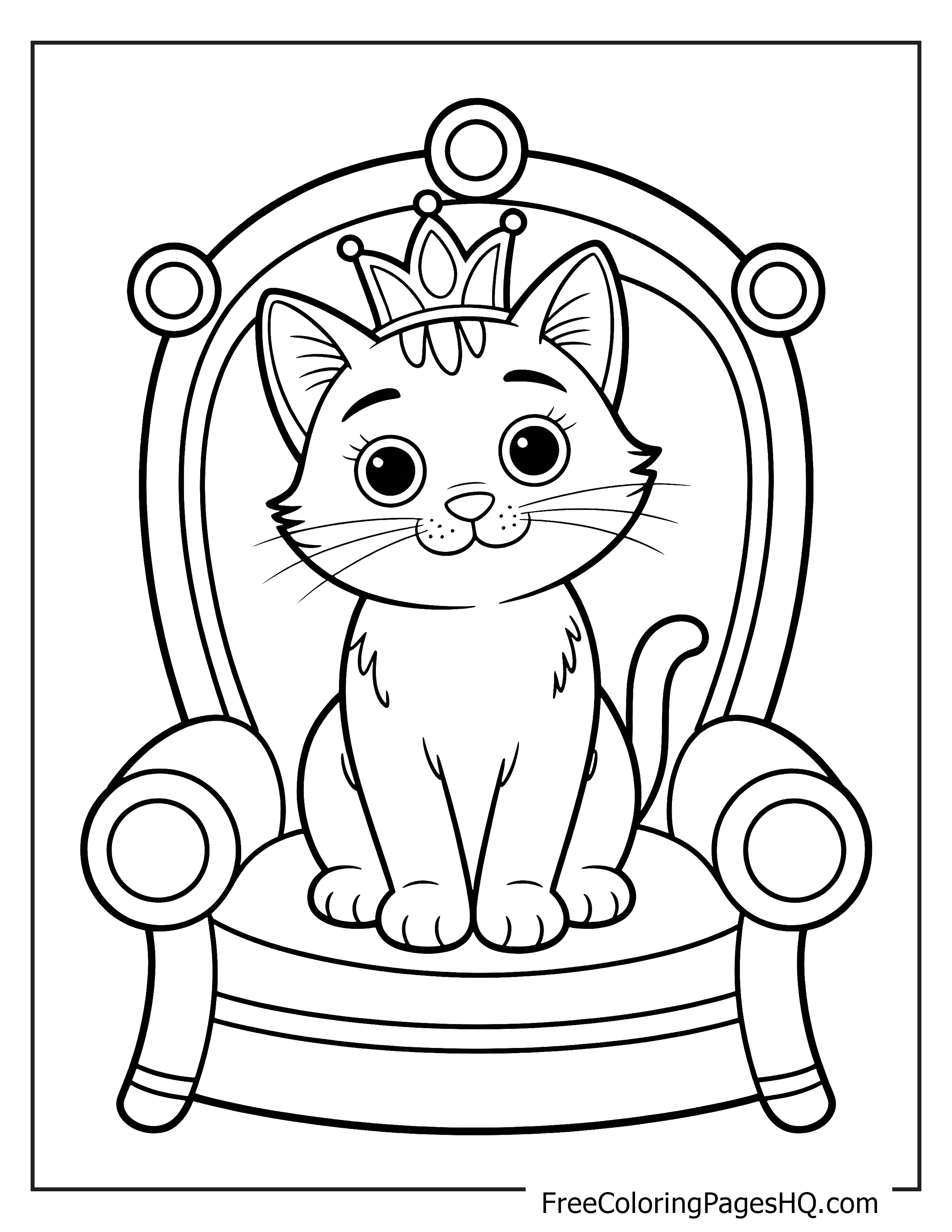 Illustration of a crowned cat on a throne for kids.