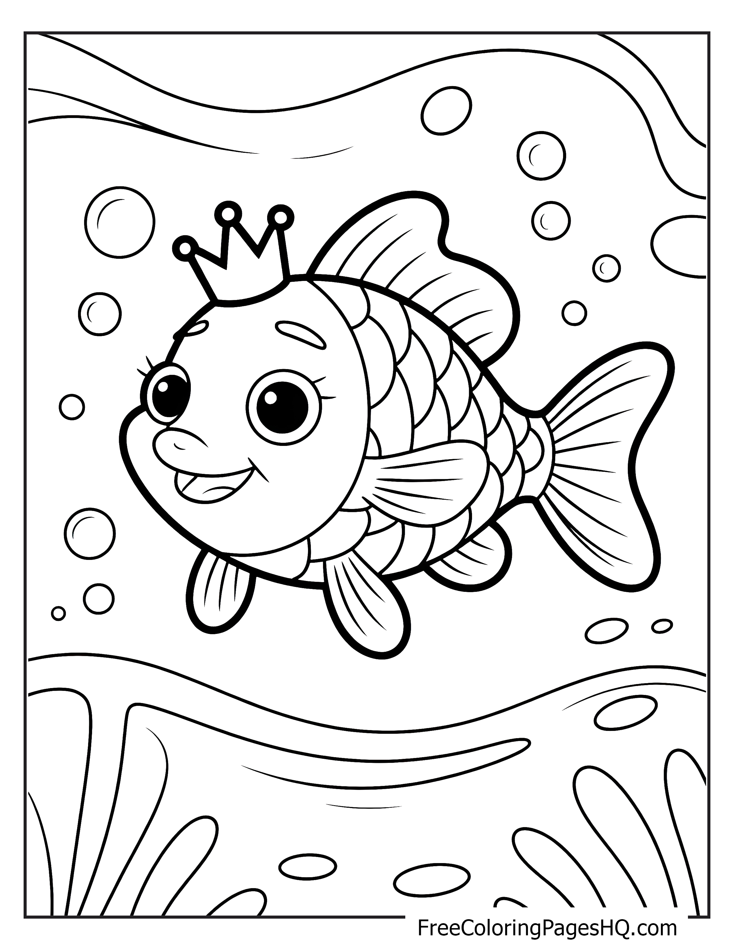 Cheerful crowned fish swimming in an underwater scene.