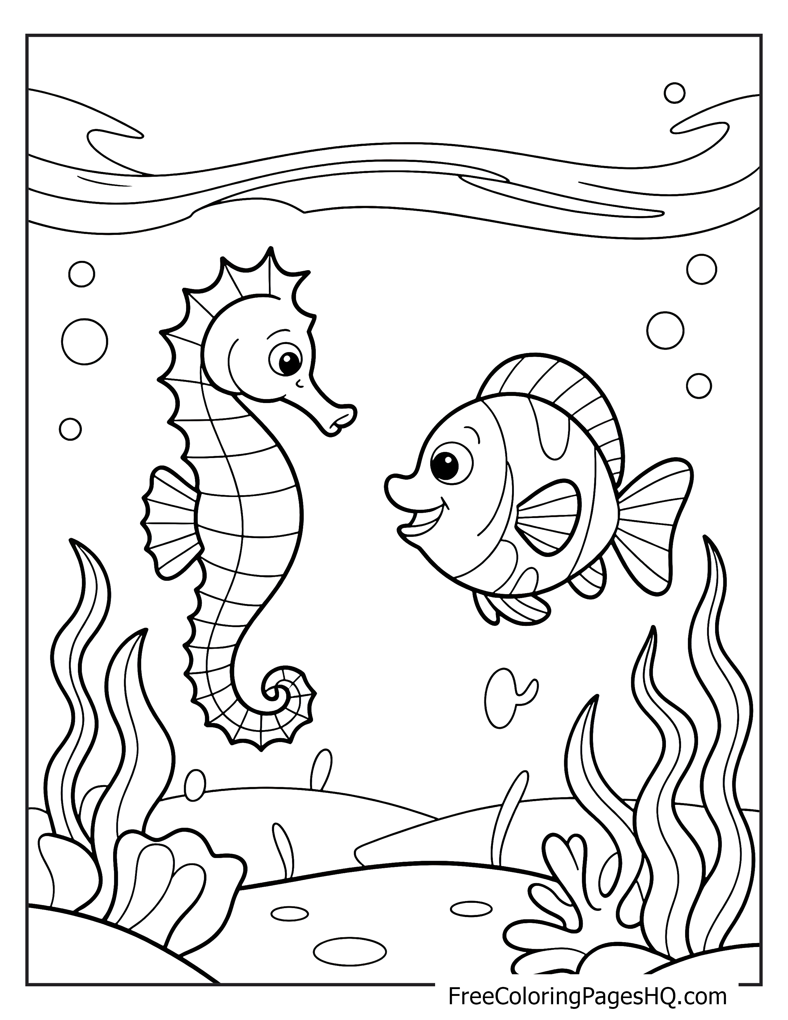 A seahorse and a smiling fish chatting underwater surrounded by coral and bubbles.