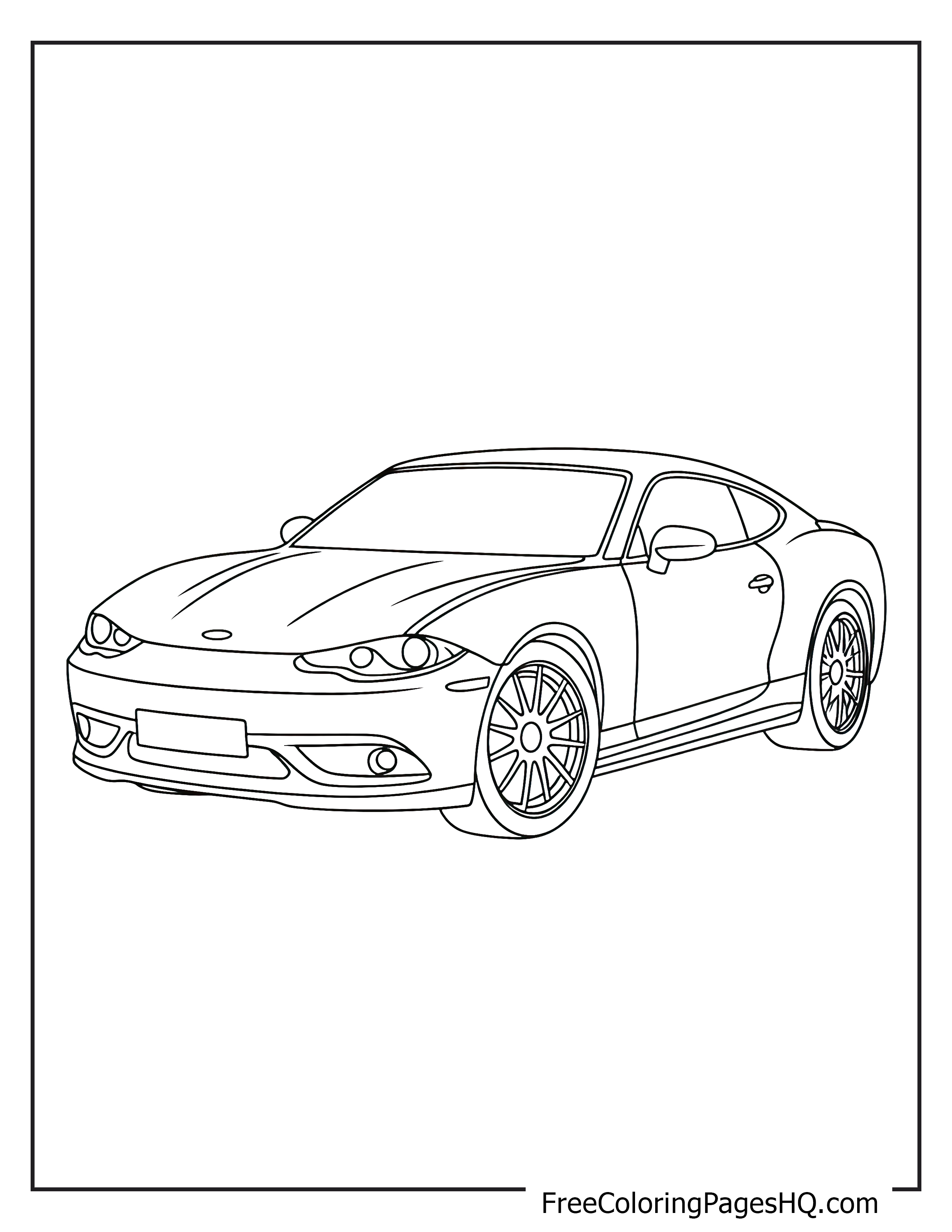 Outline of a sleek sports car with large wheels.