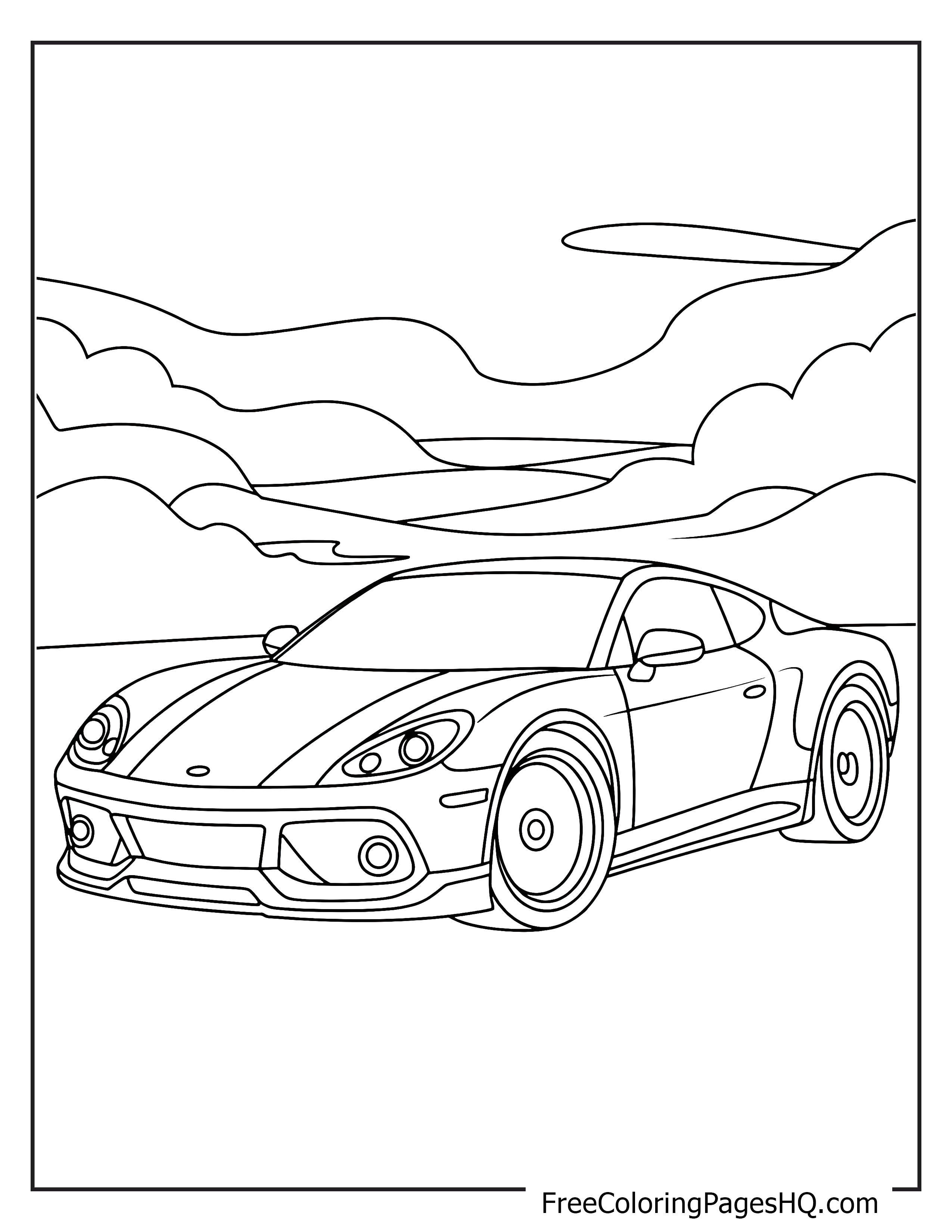 Illustration of a sports car with hills and clouds.