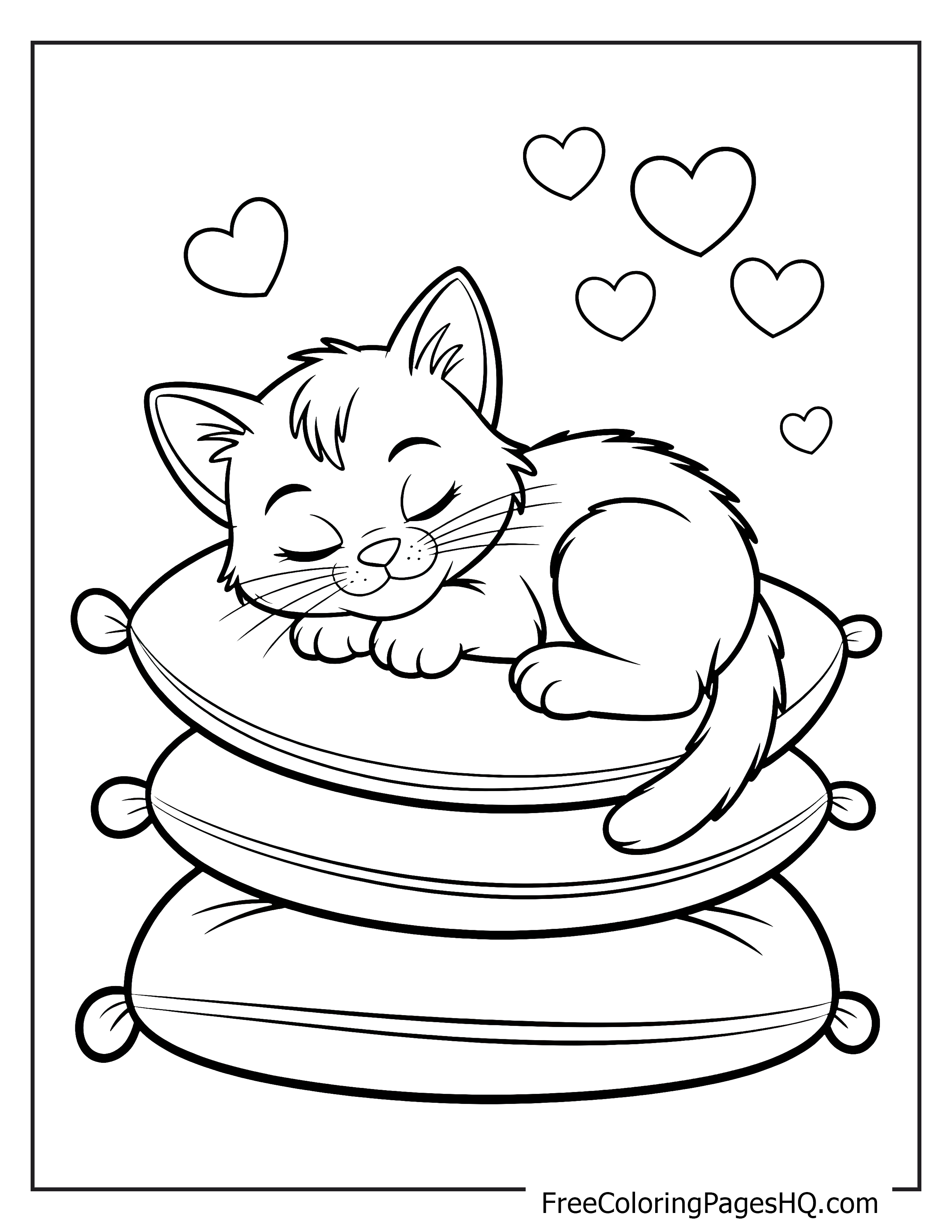 Adorable sleeping cat and cushions with hearts illustration.