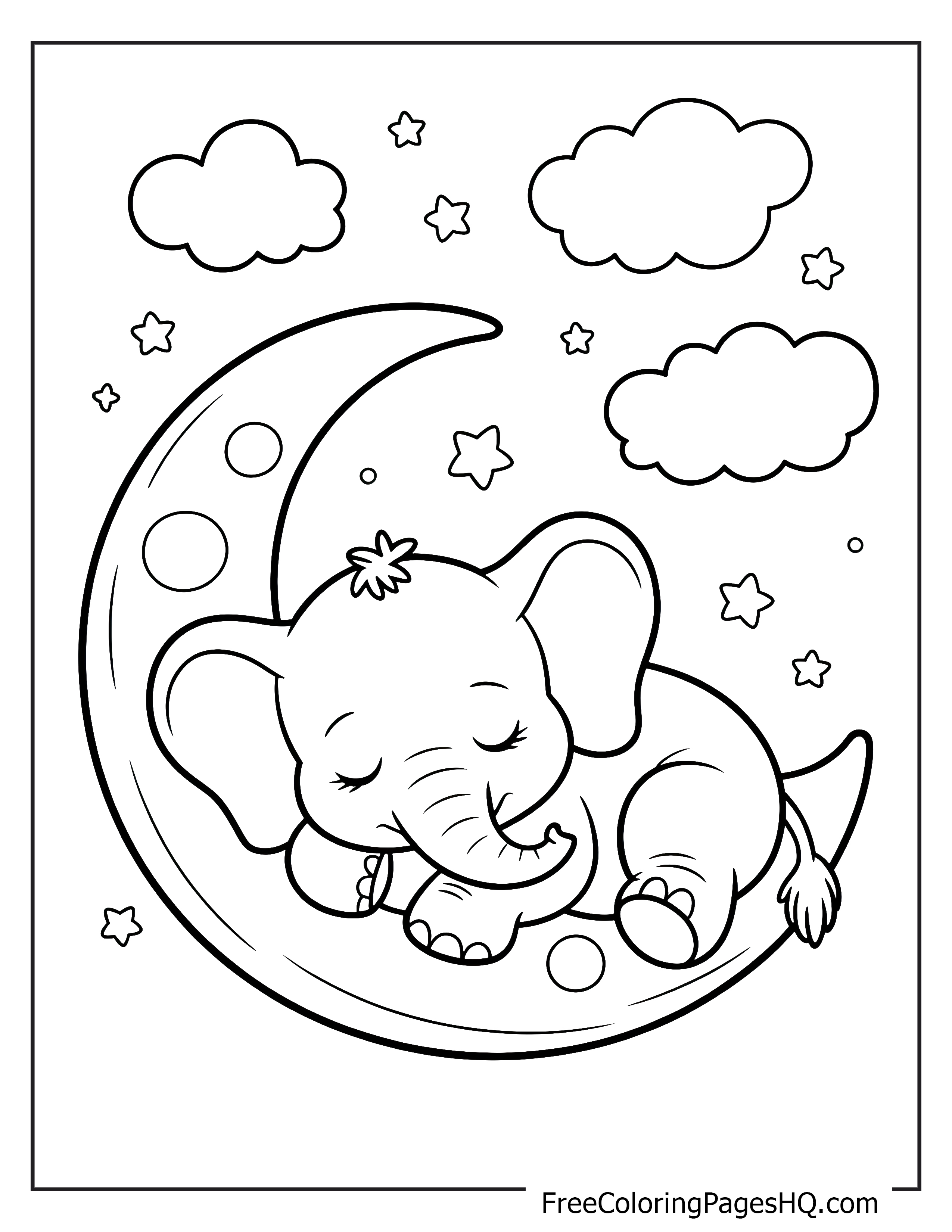 Adorable elephant napping on the moon with stars and clouds.