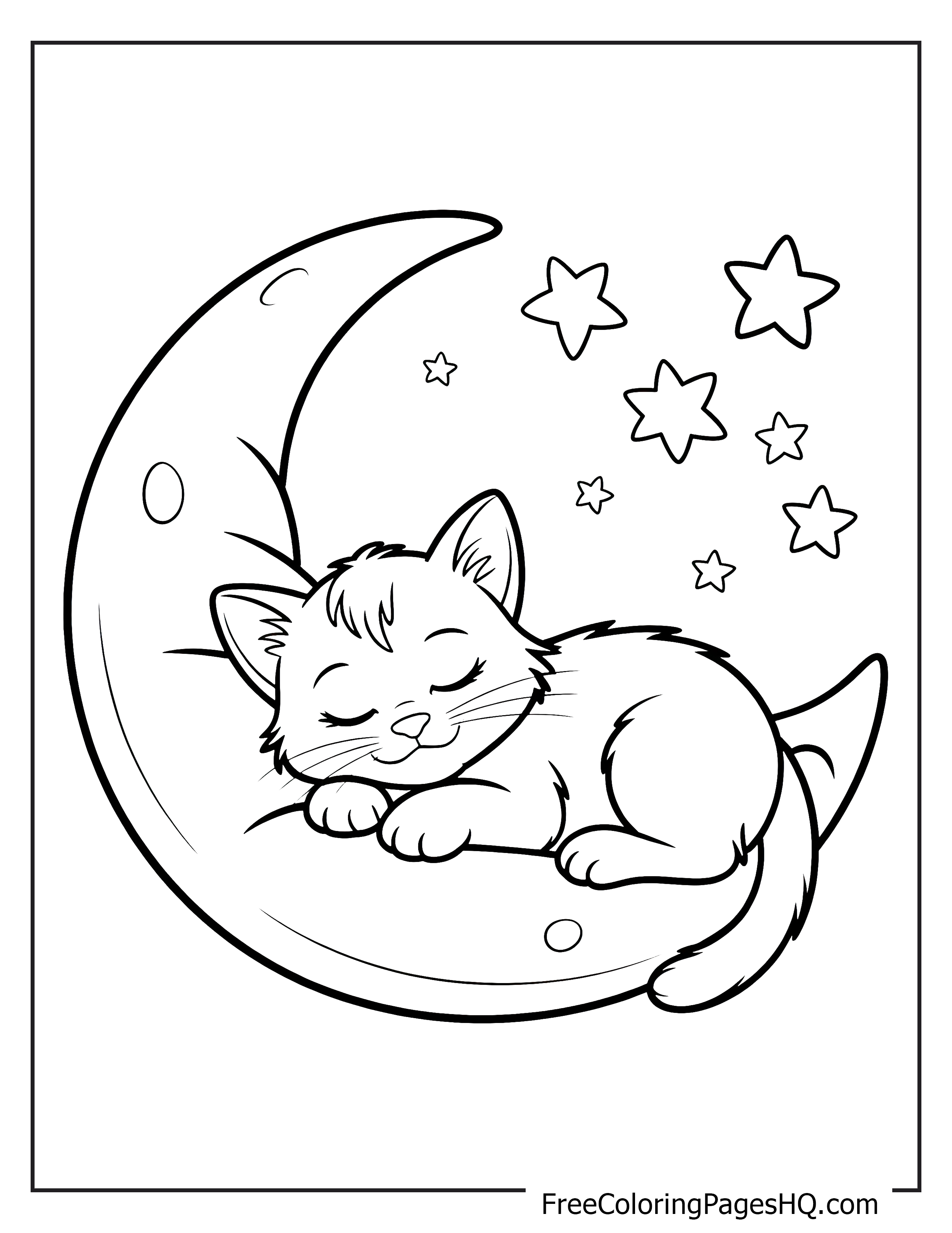Illustration of a kitten napping on a moon with stars around.