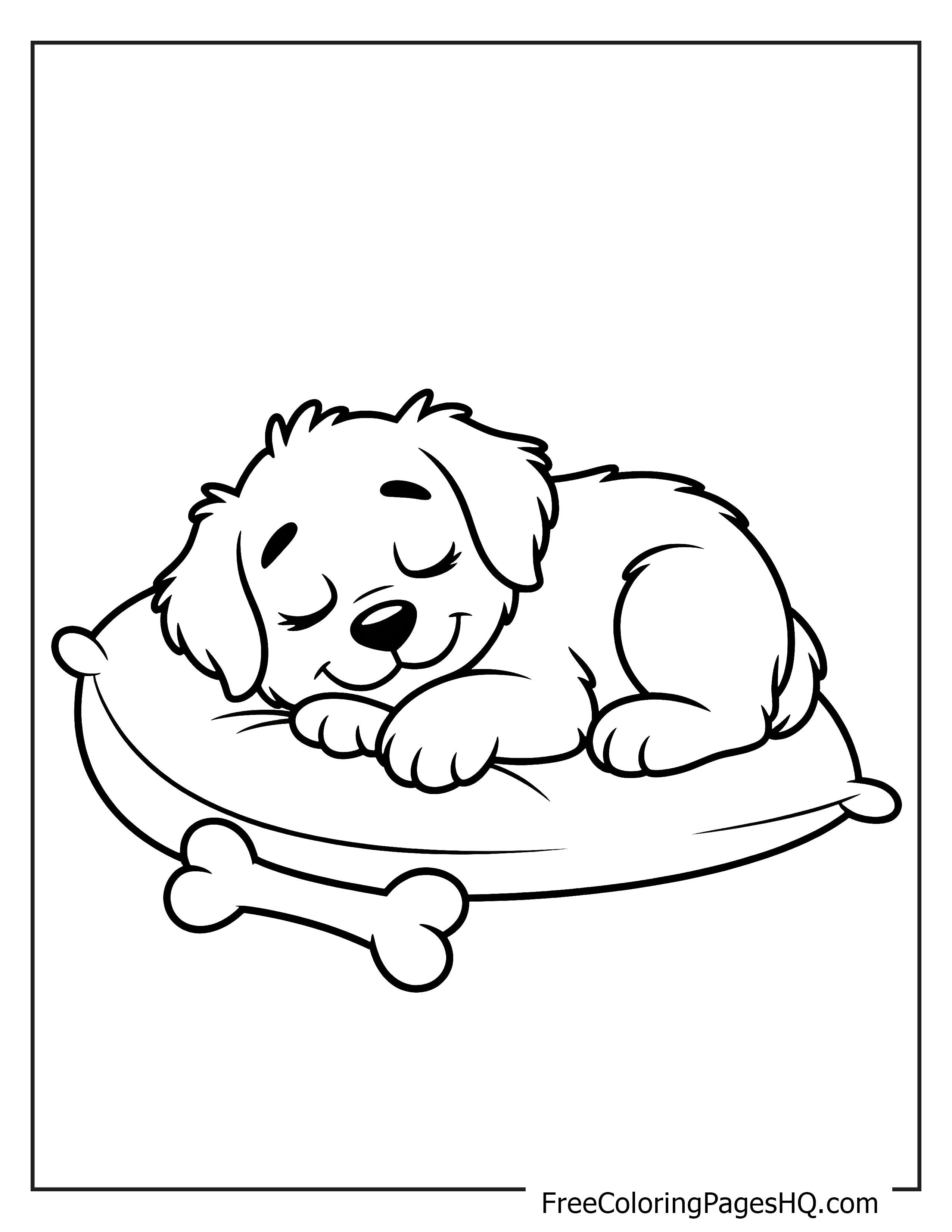 Adorable puppy resting on a cushion with a bone.