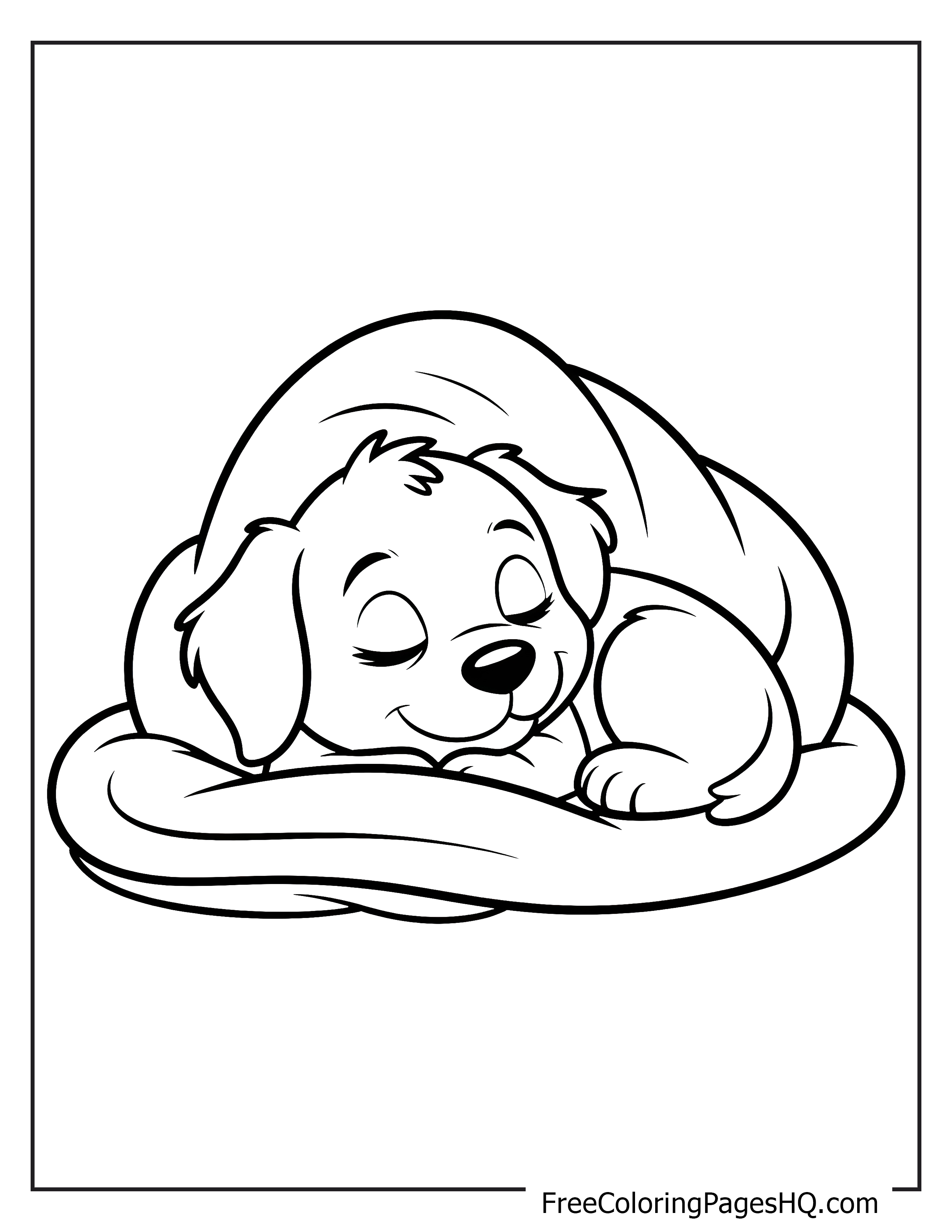 A puppy sleeps soundly wrapped in a blanket.