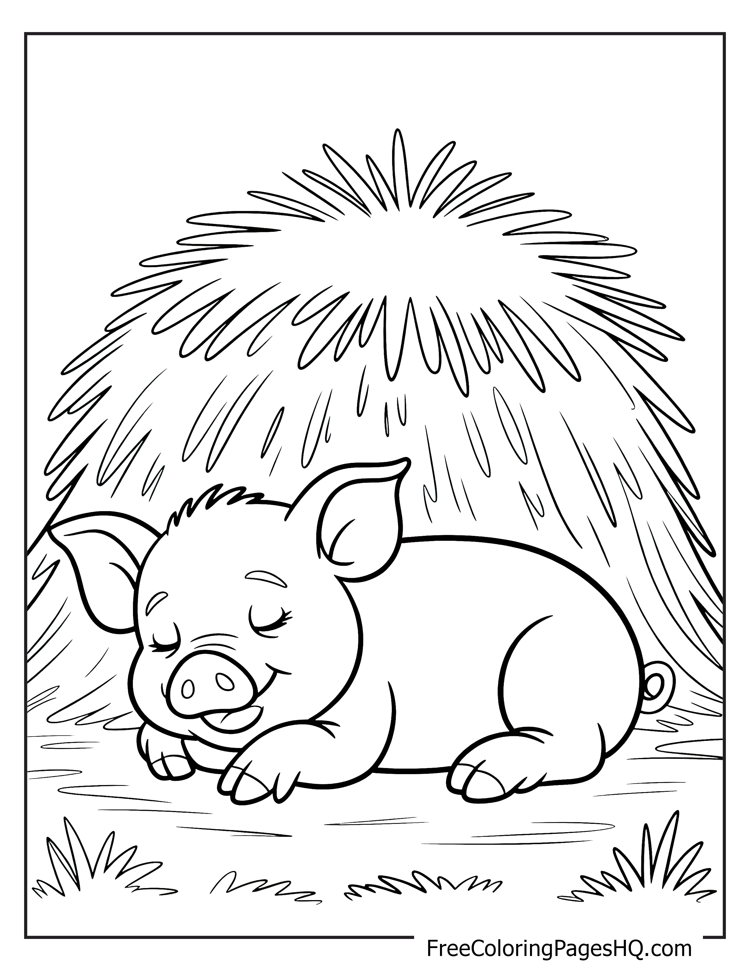 A happy piglet sleeping under a haystack with a gentle smile.
