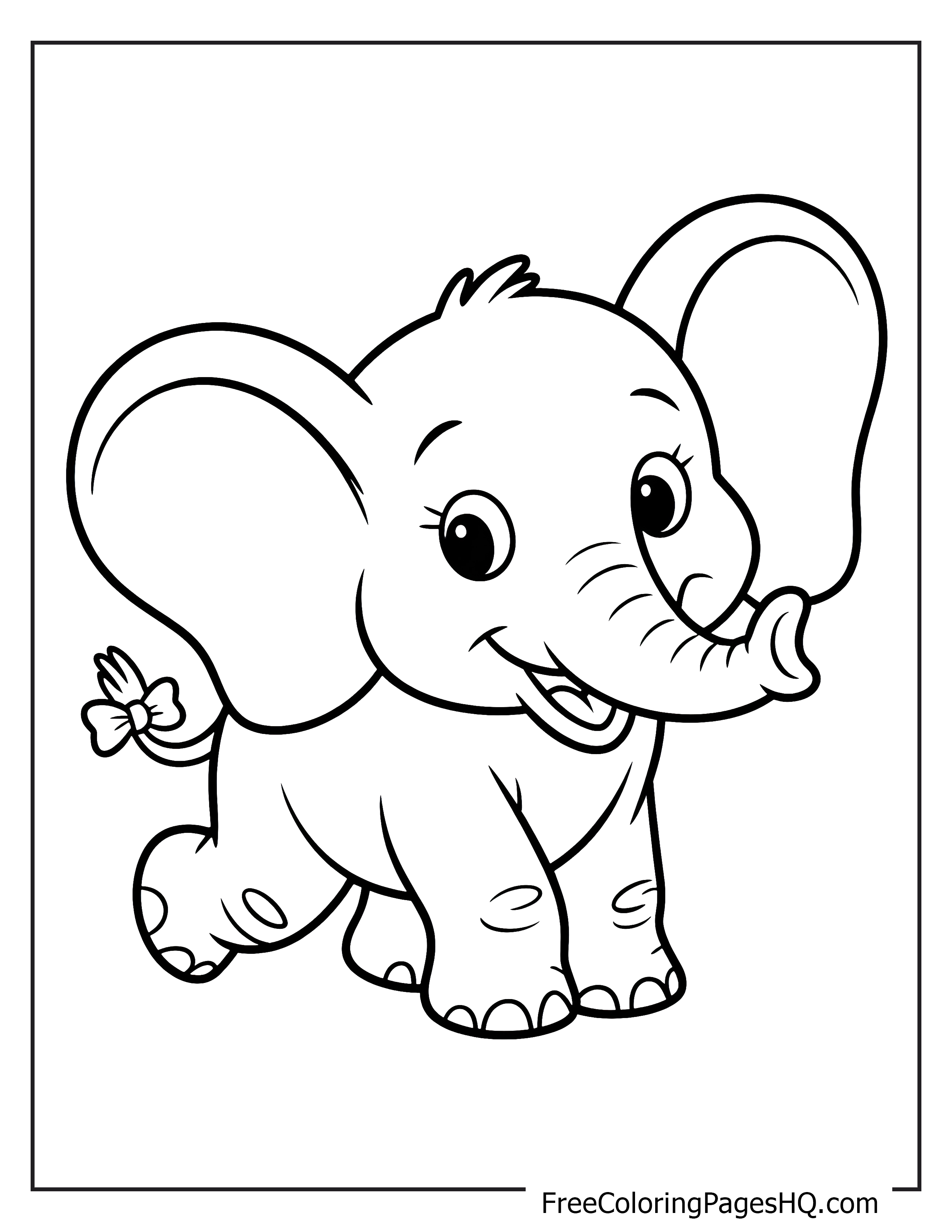 Illustration of a happy baby elephant with a tail bow.