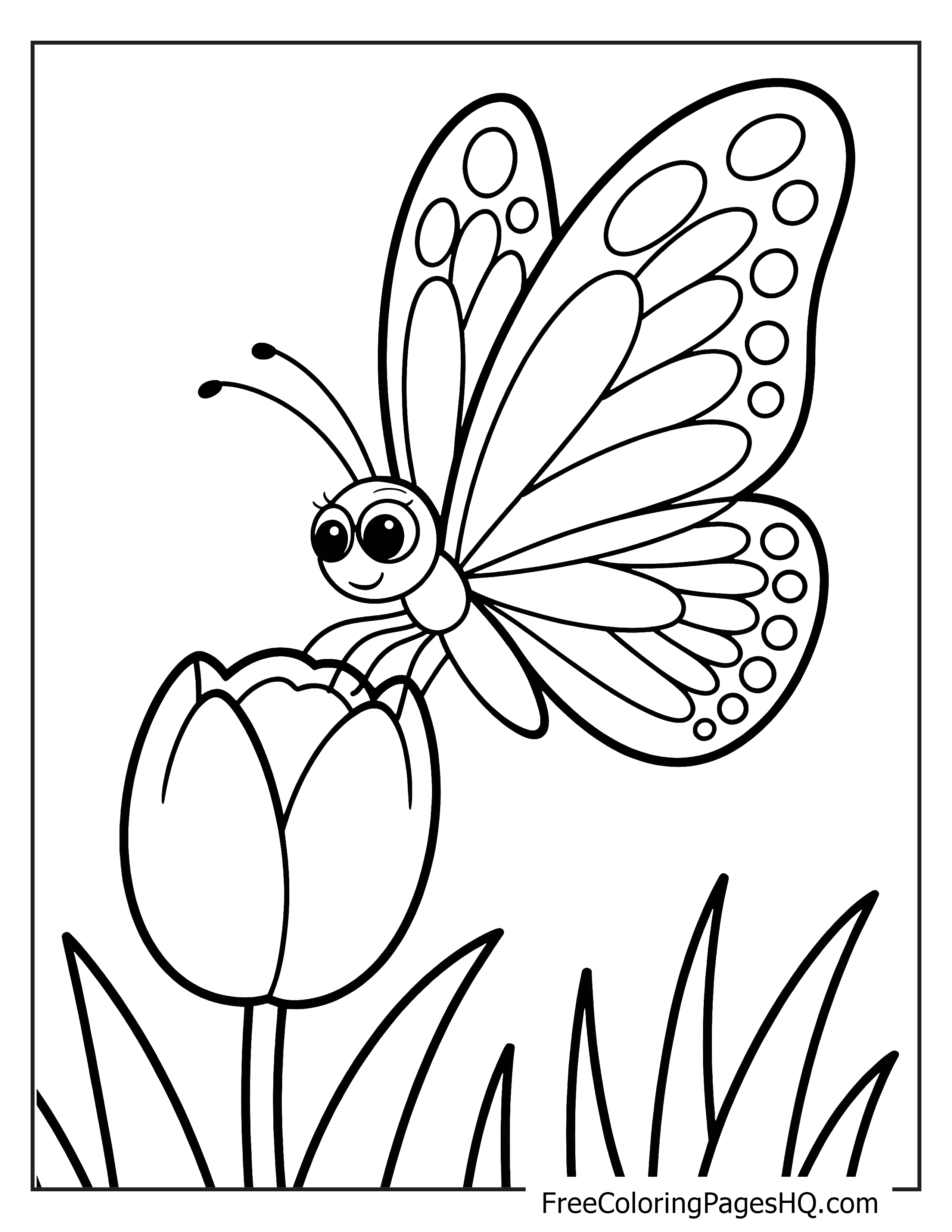 Happy butterfly on a tulip flower illustration.