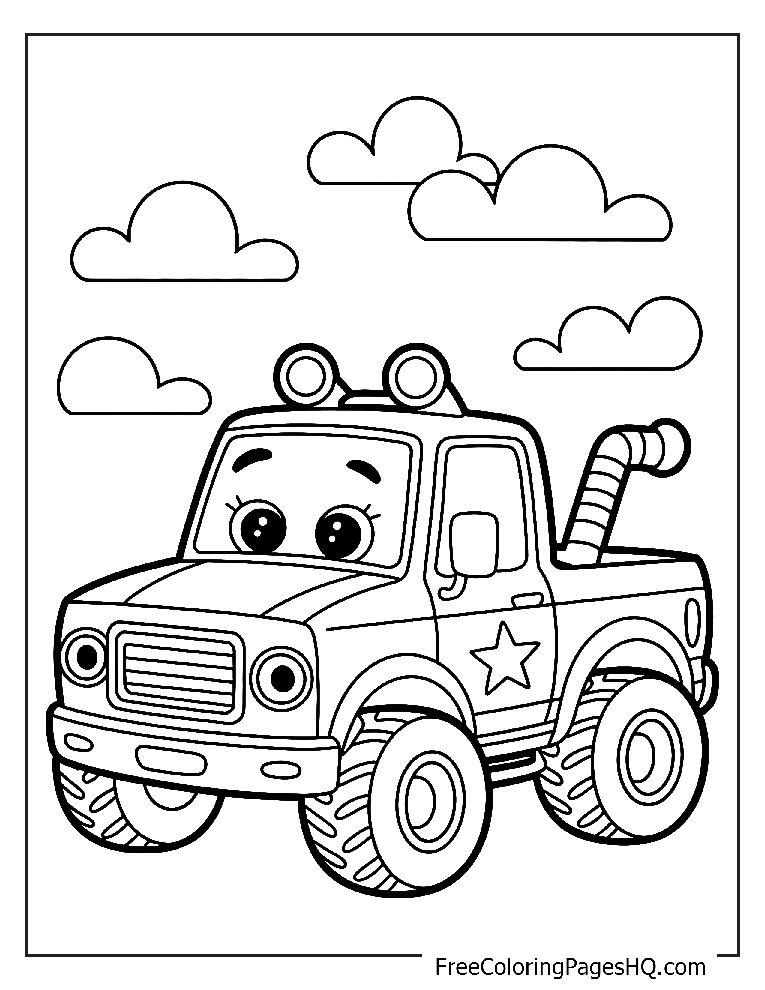 Cheerful cartoon tow truck and clouds illustration.
