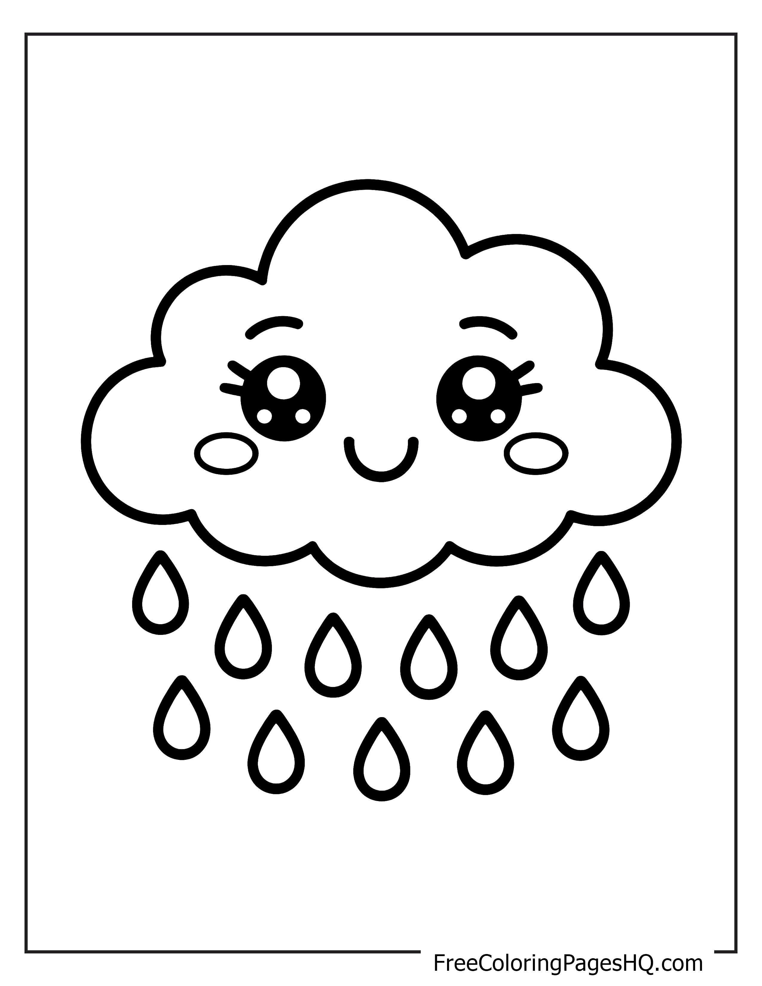 Cute smiling cloud raining for children to color.