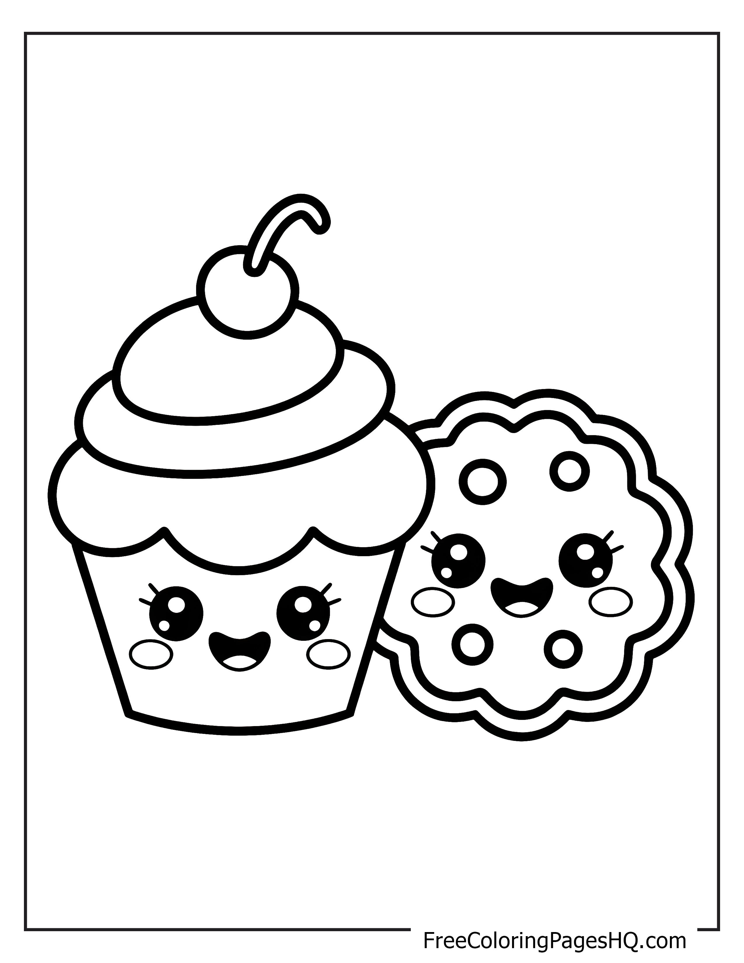 Illustration of a smiling cupcake and cookie for children.