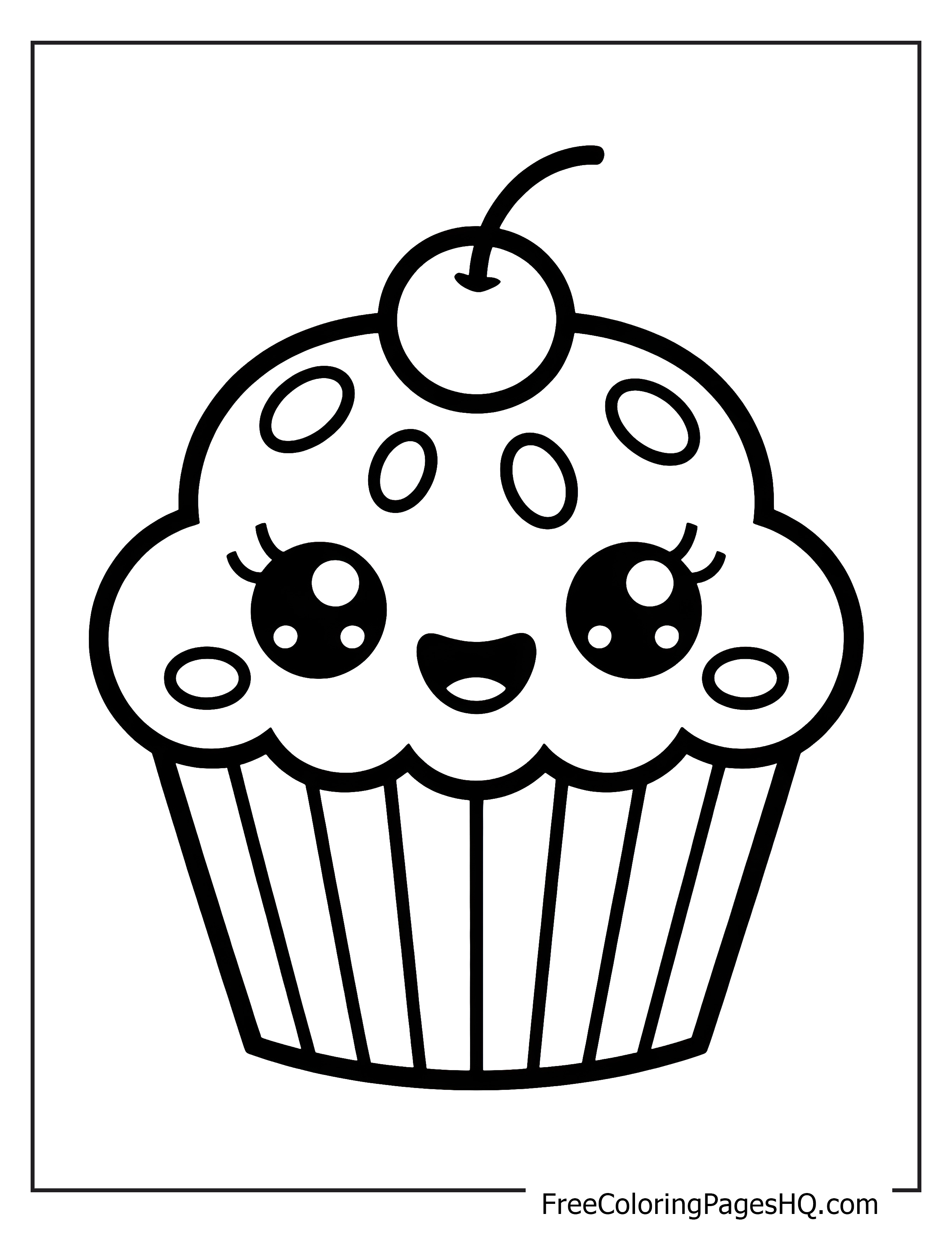 Cupcake illustration with a happy face and cherry.