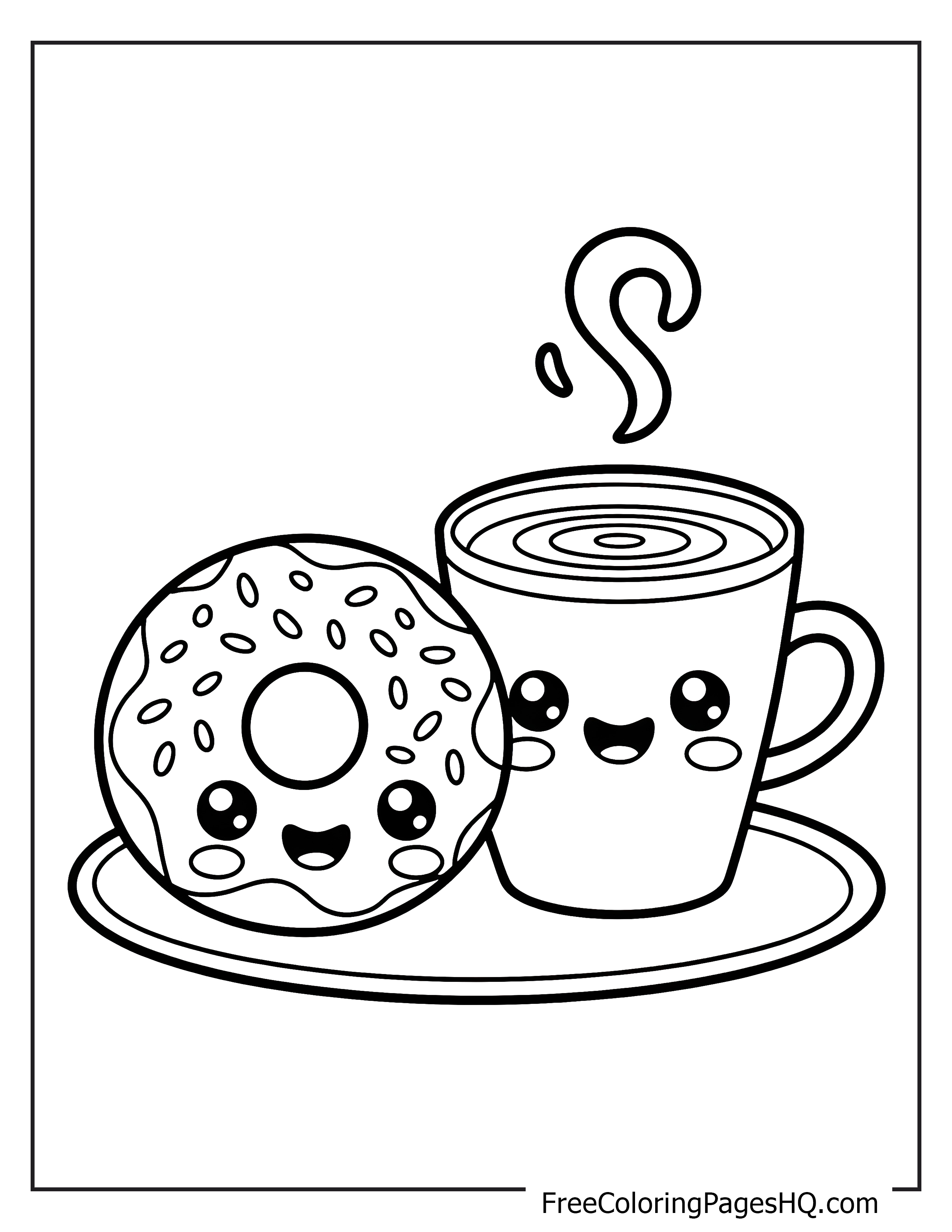 Adorable donut and coffee cup with cute expressions.
