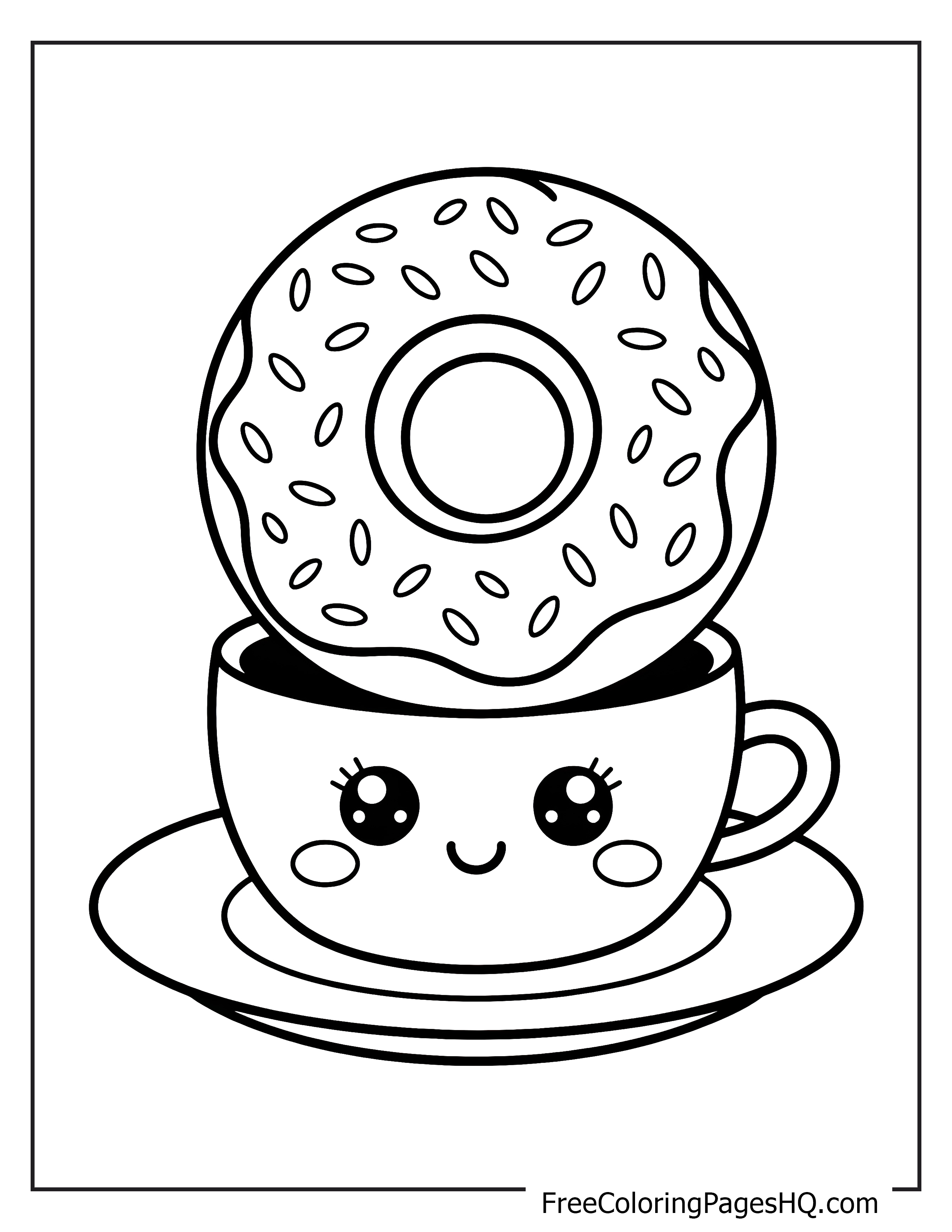 Happy cup and doughnut illustration with smiling faces.