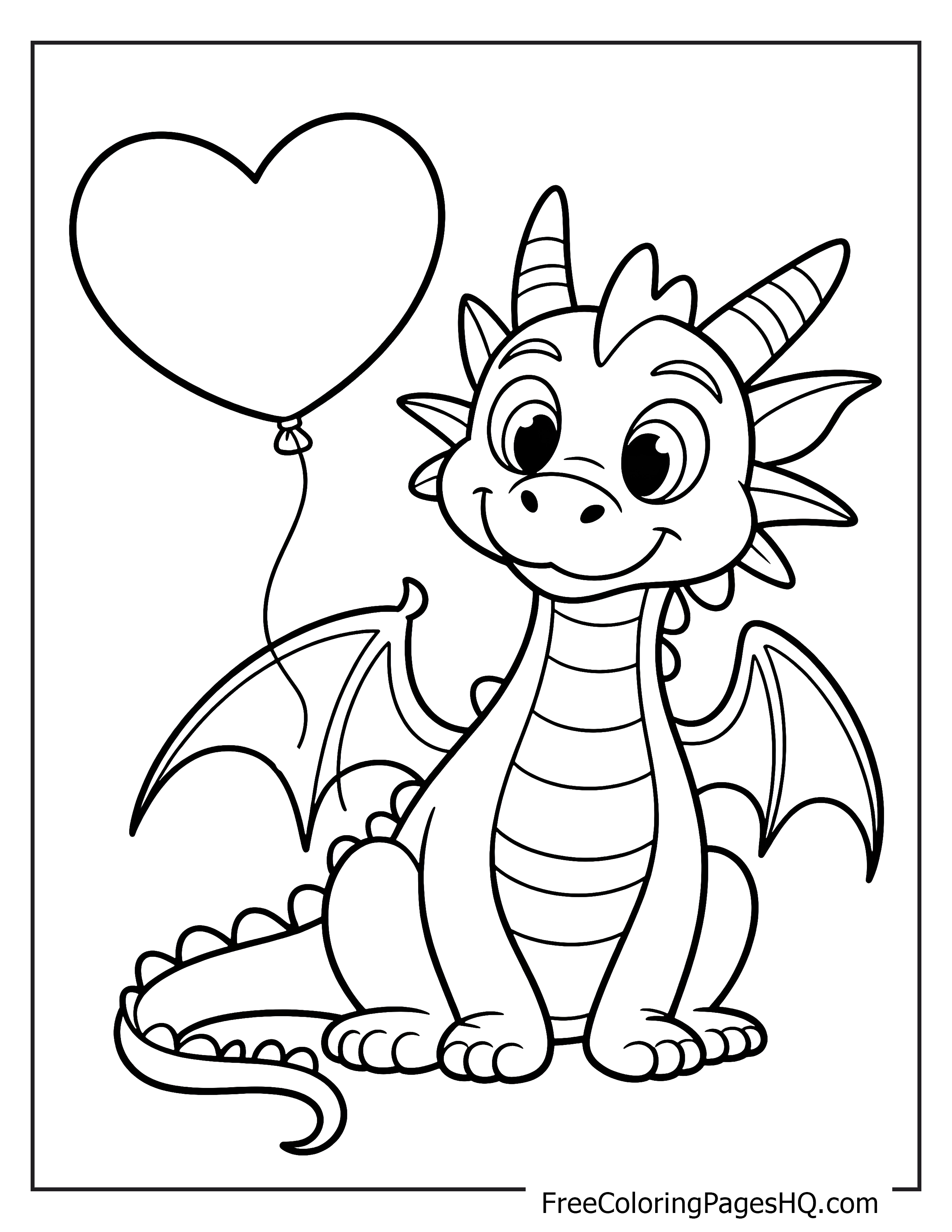 Friendly dragon holding a heart balloon illustration.