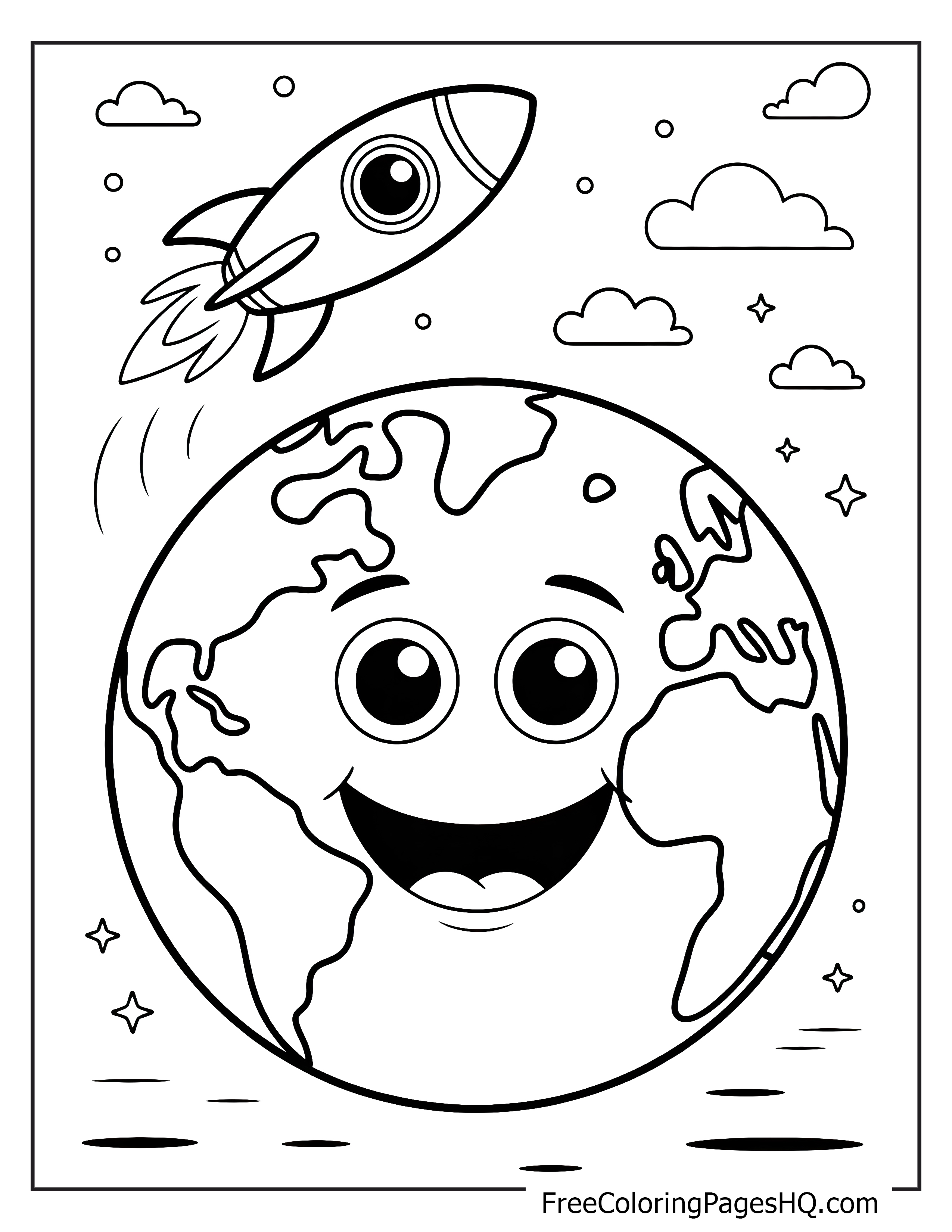 Illustration of a smiling Earth and rocket in space for kids.