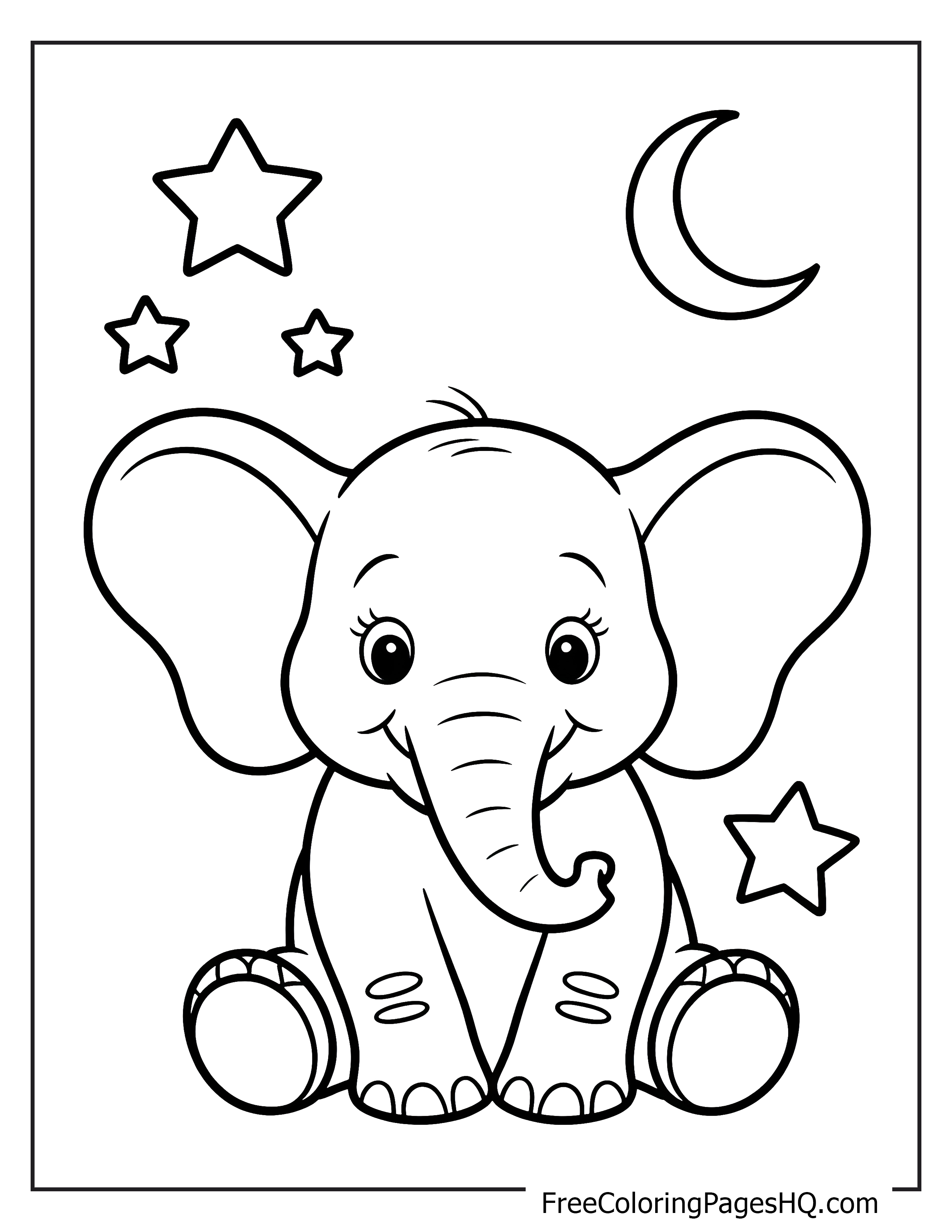 Cute elephant under the night sky with stars.