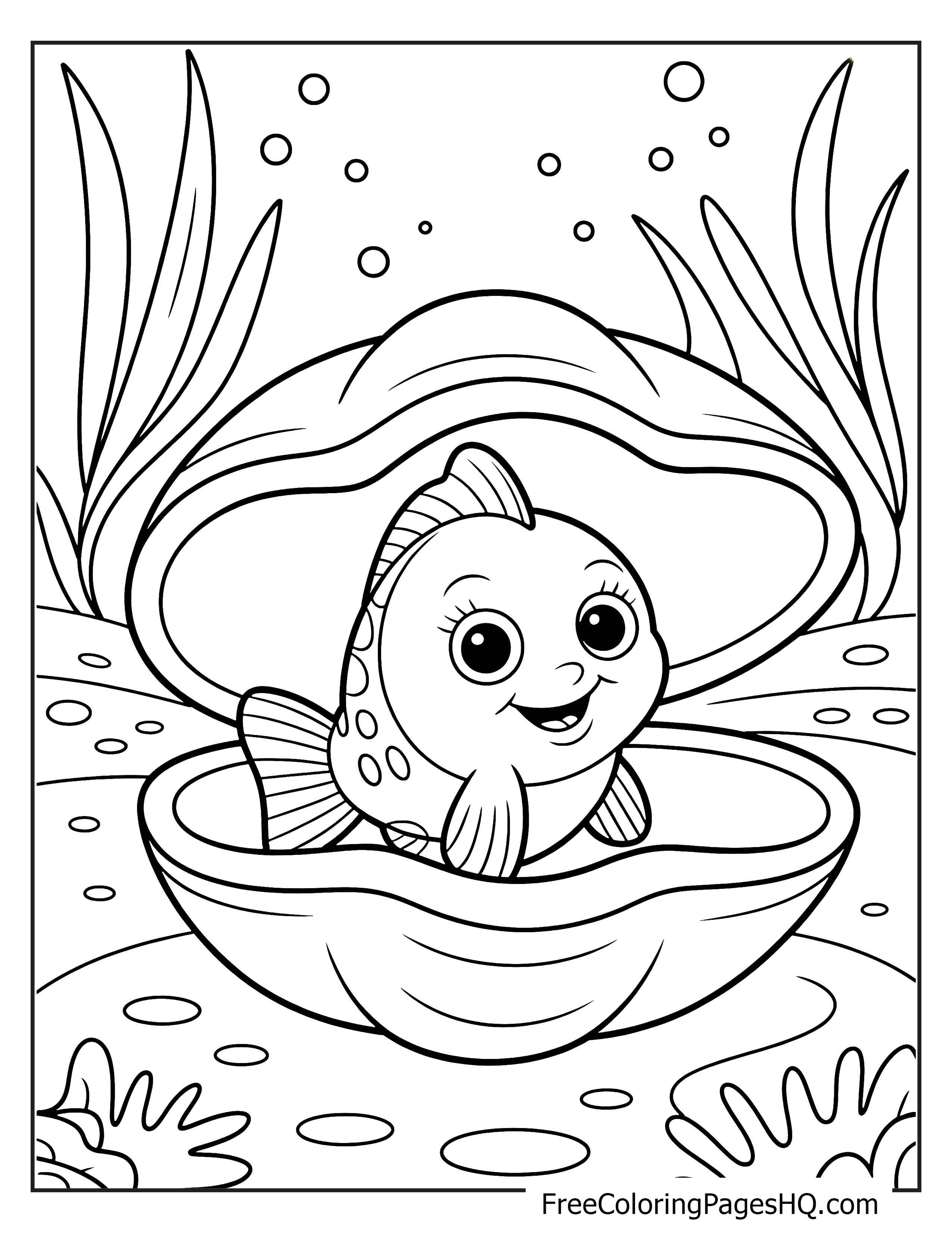 Happy fish inside a clamshell under the sea.