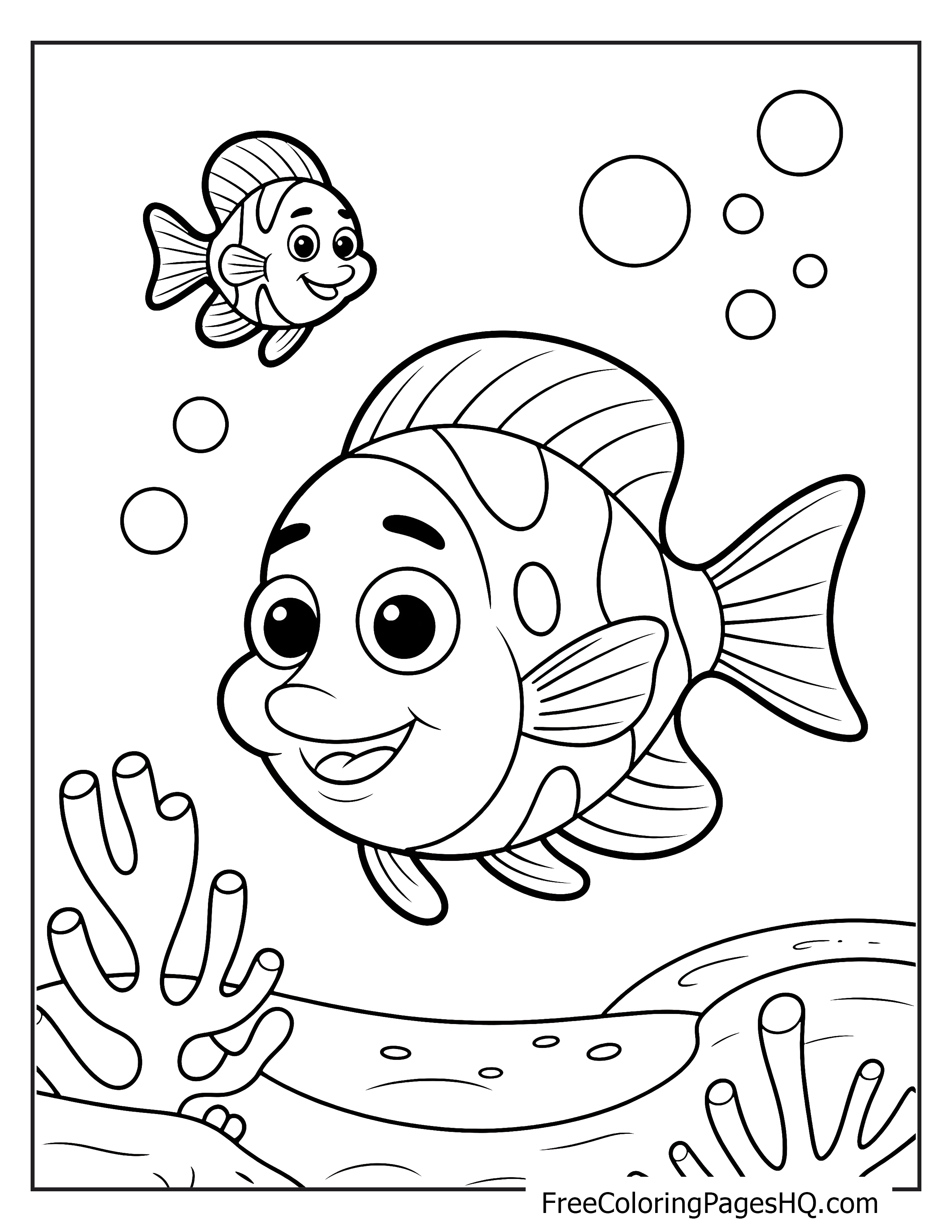 Illustration of two happy fish swimming underwater.