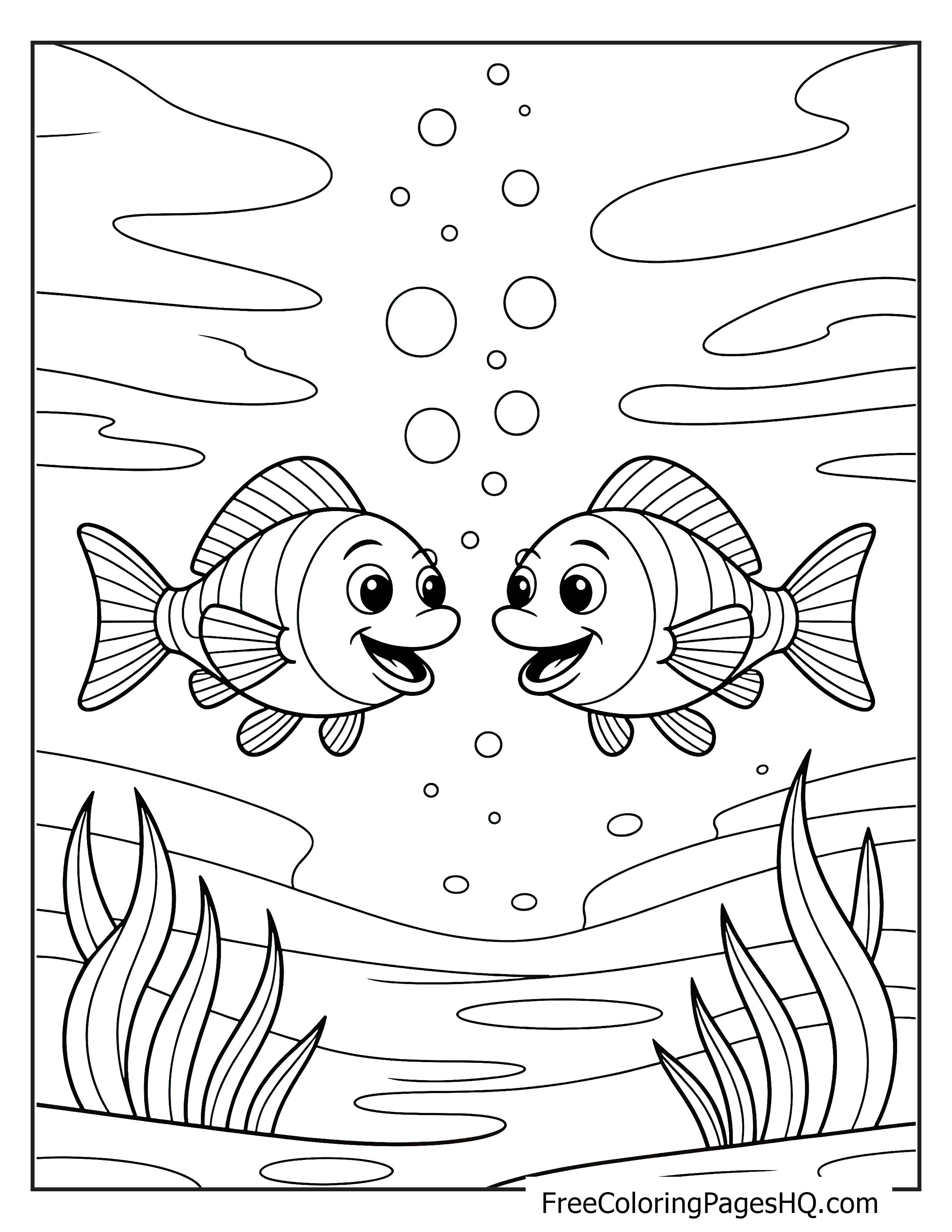 Happy fish interacting underwater with bubbles and seaweed.