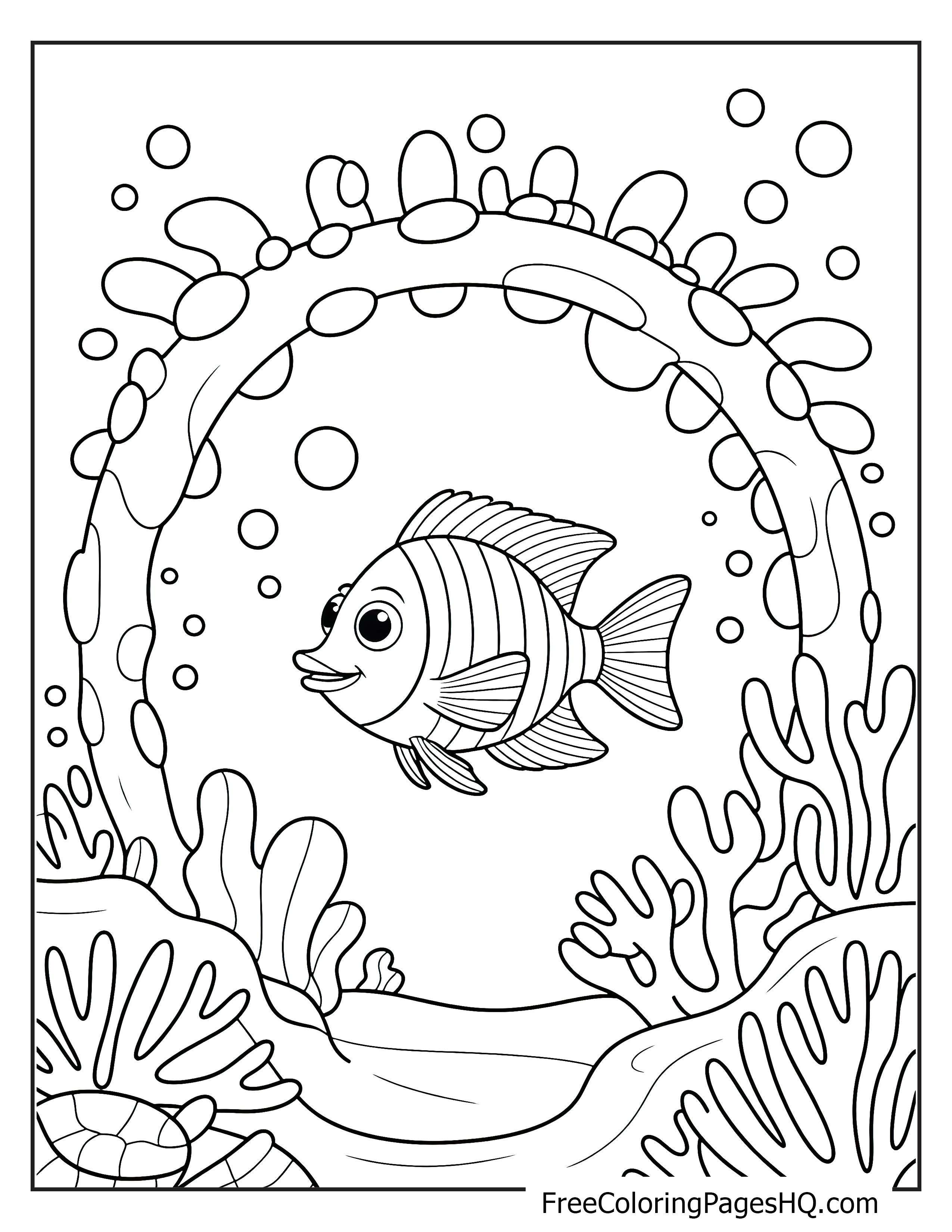 Happy cartoon fish swimming among underwater coral.