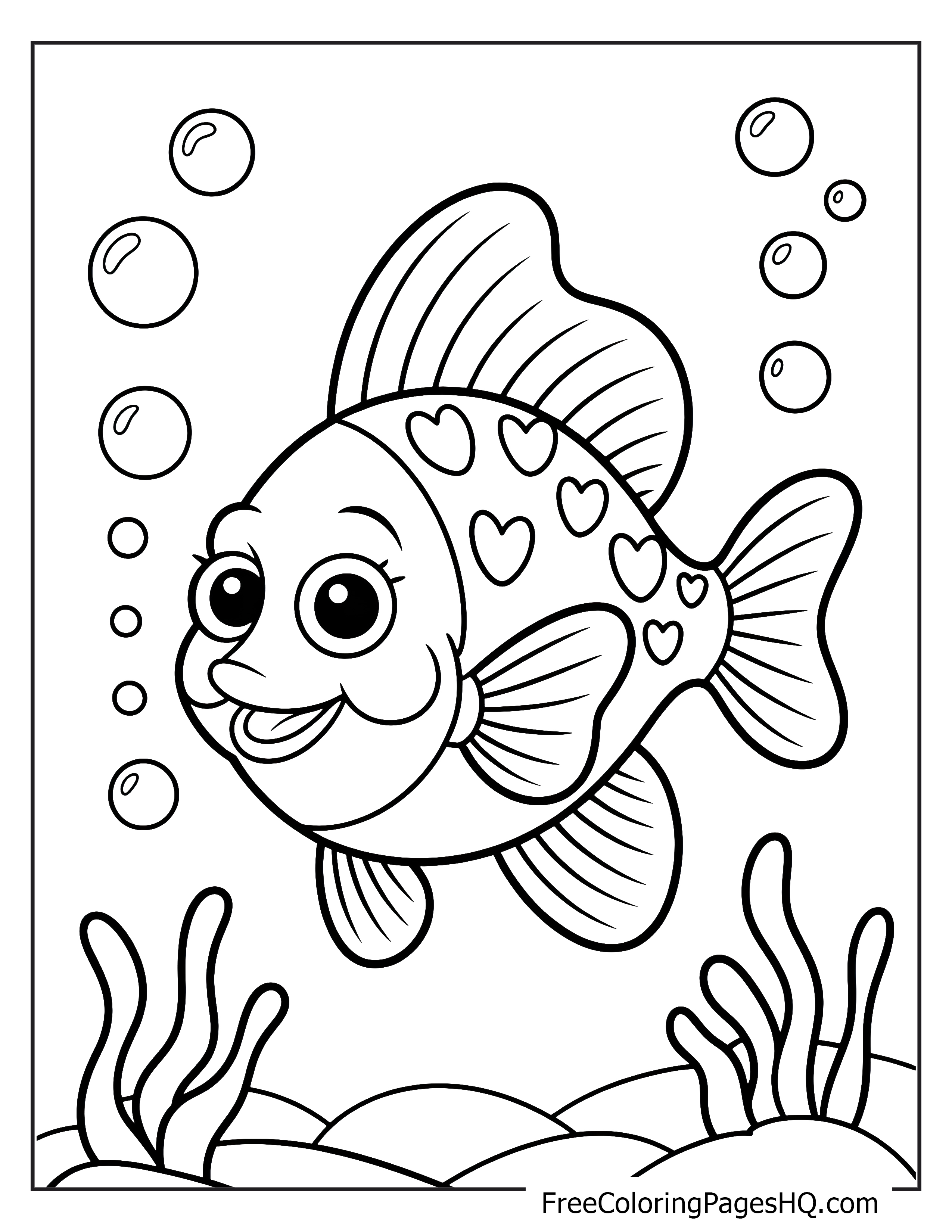 Cheerful fish with heart shapes swimming underwater.