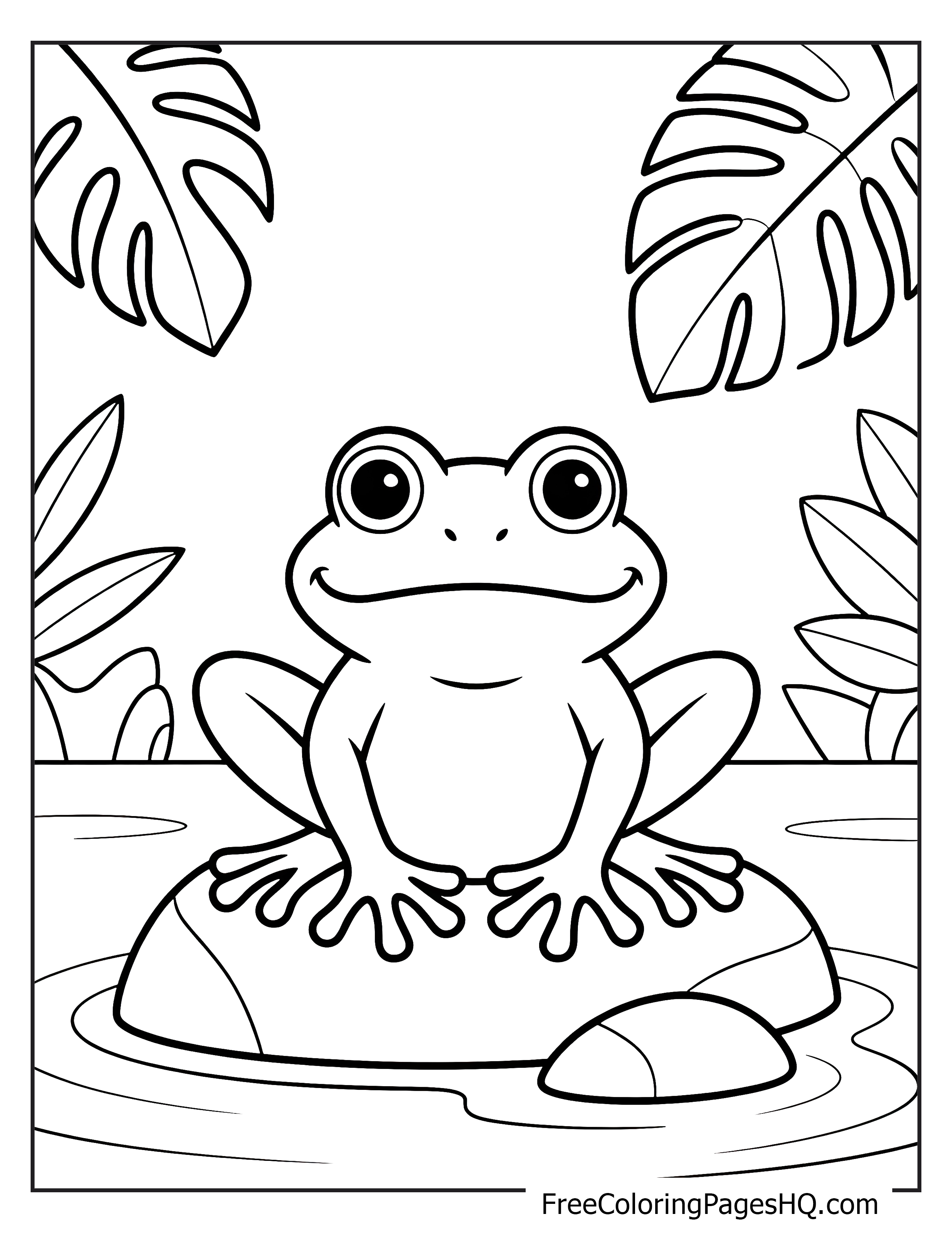 A happy frog sits on a lily pad amidst large leafy plants.