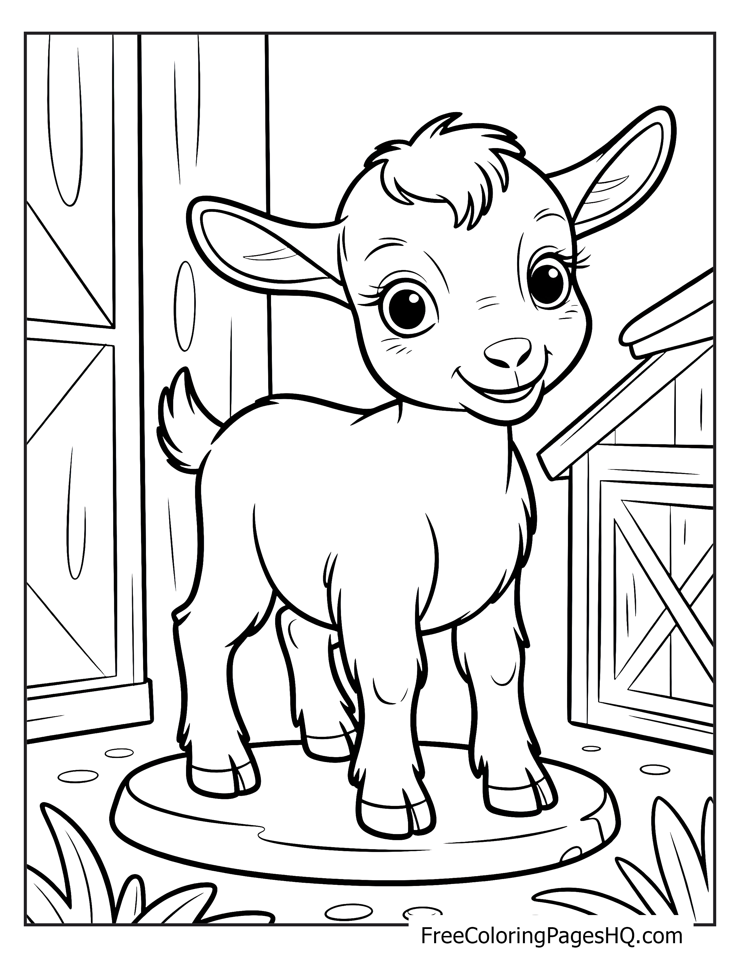A smiling goat stands in a barnyard with a friendly expression.
