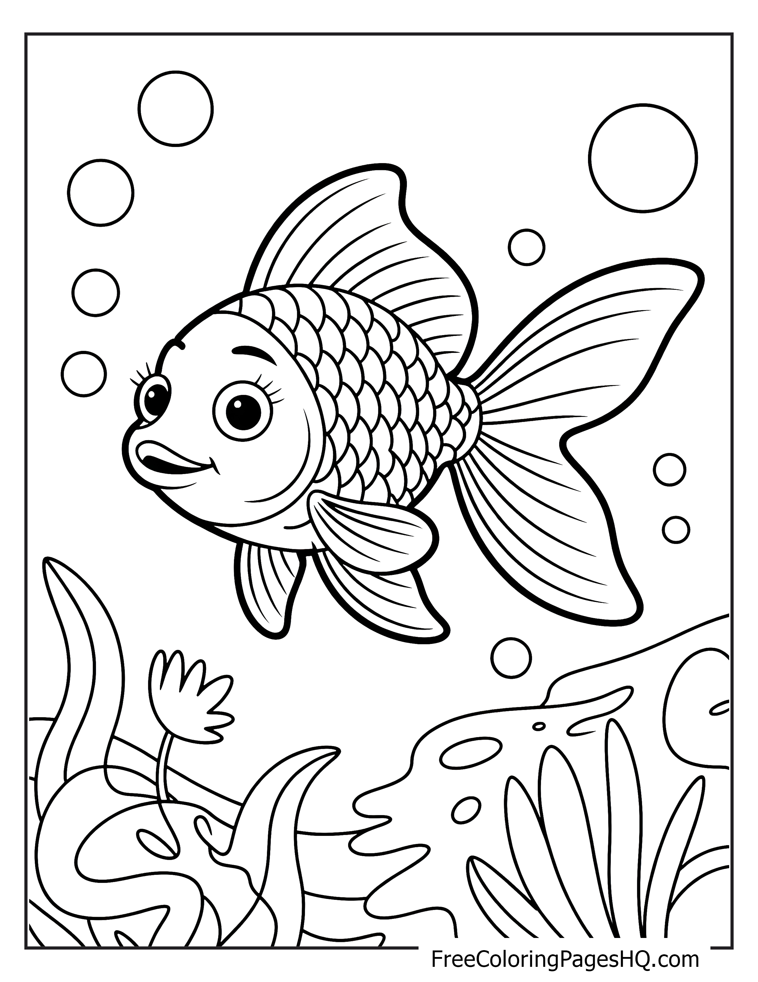 Happy goldfish swimming with bubbles and seaweed.