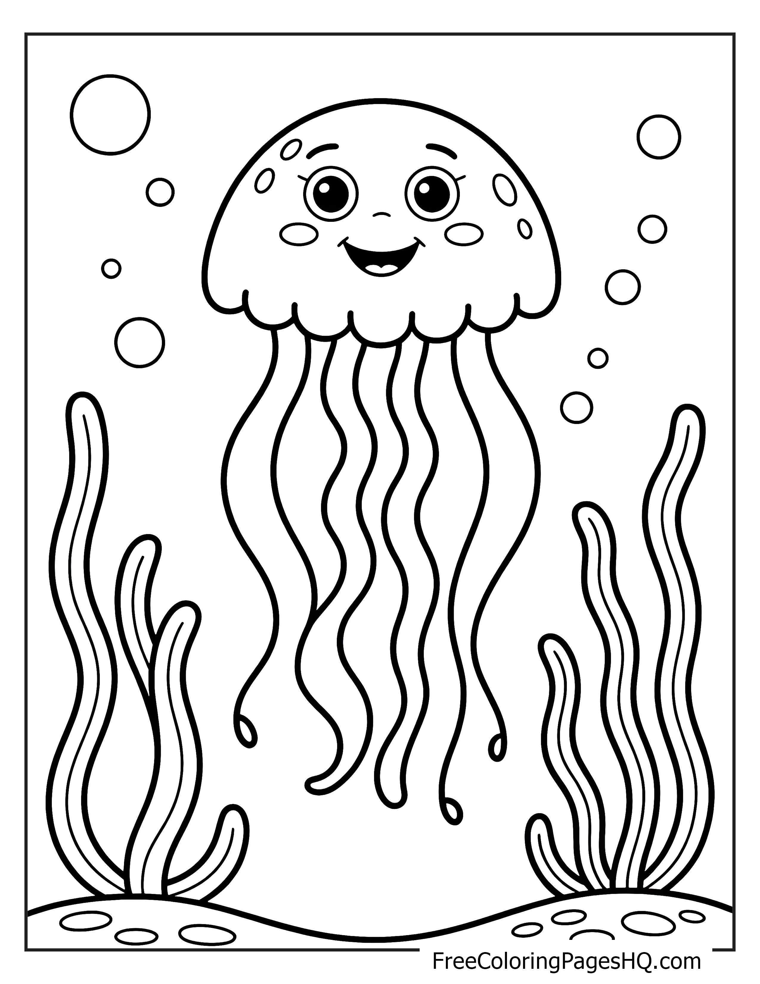 A happy jellyfish with big eyes and a smile, surrounded by bubbles and seaweed underwater.