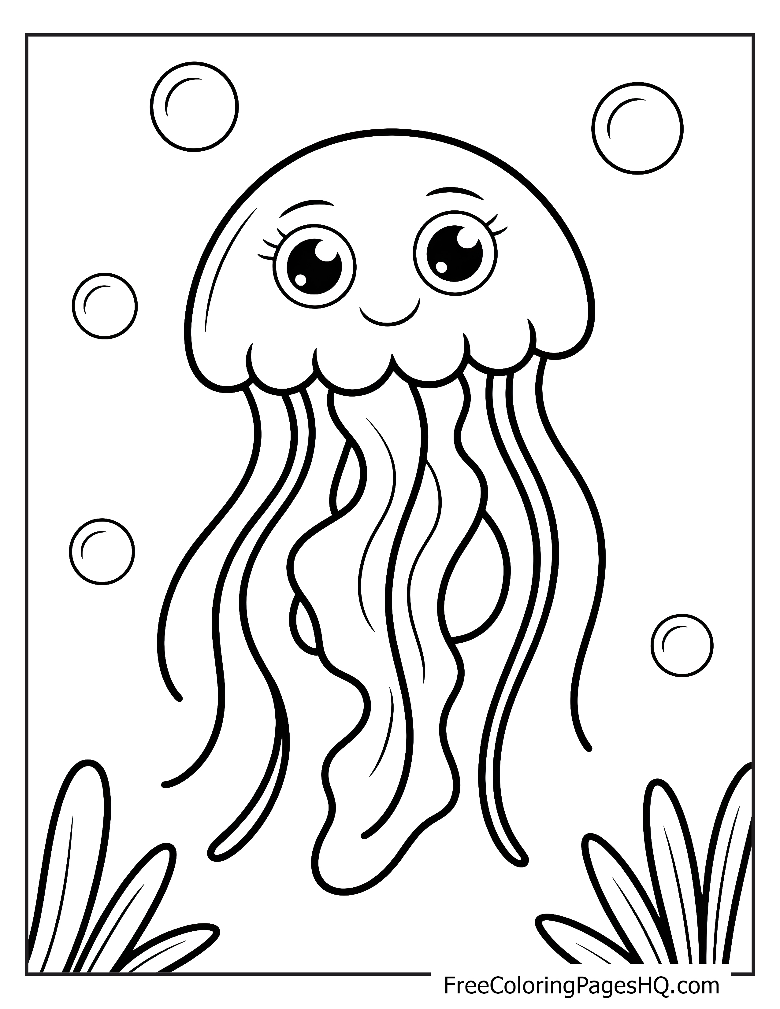 Smiling jellyfish surrounded by bubbles in an underwater scene.