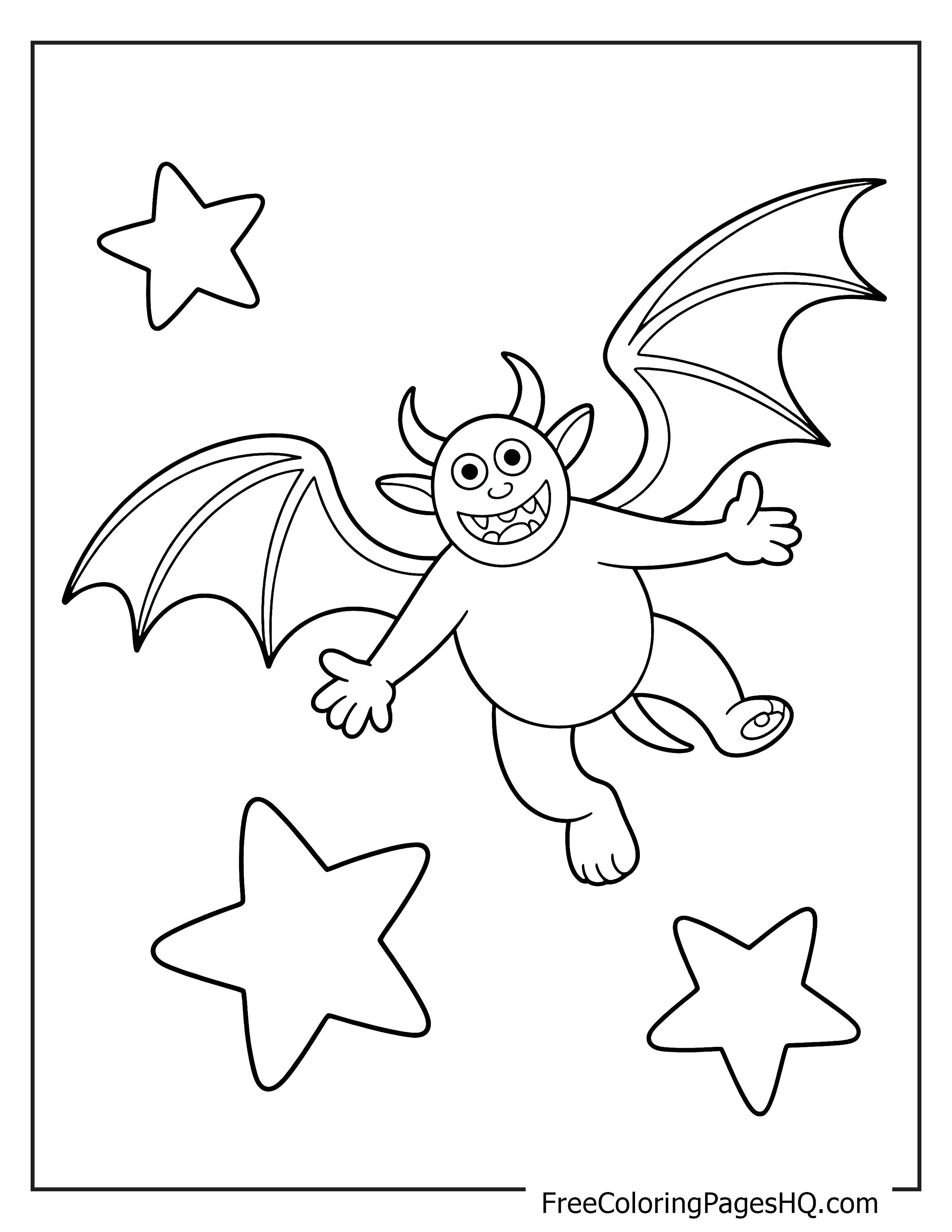 A cheerful monster with wings flies among several stars.