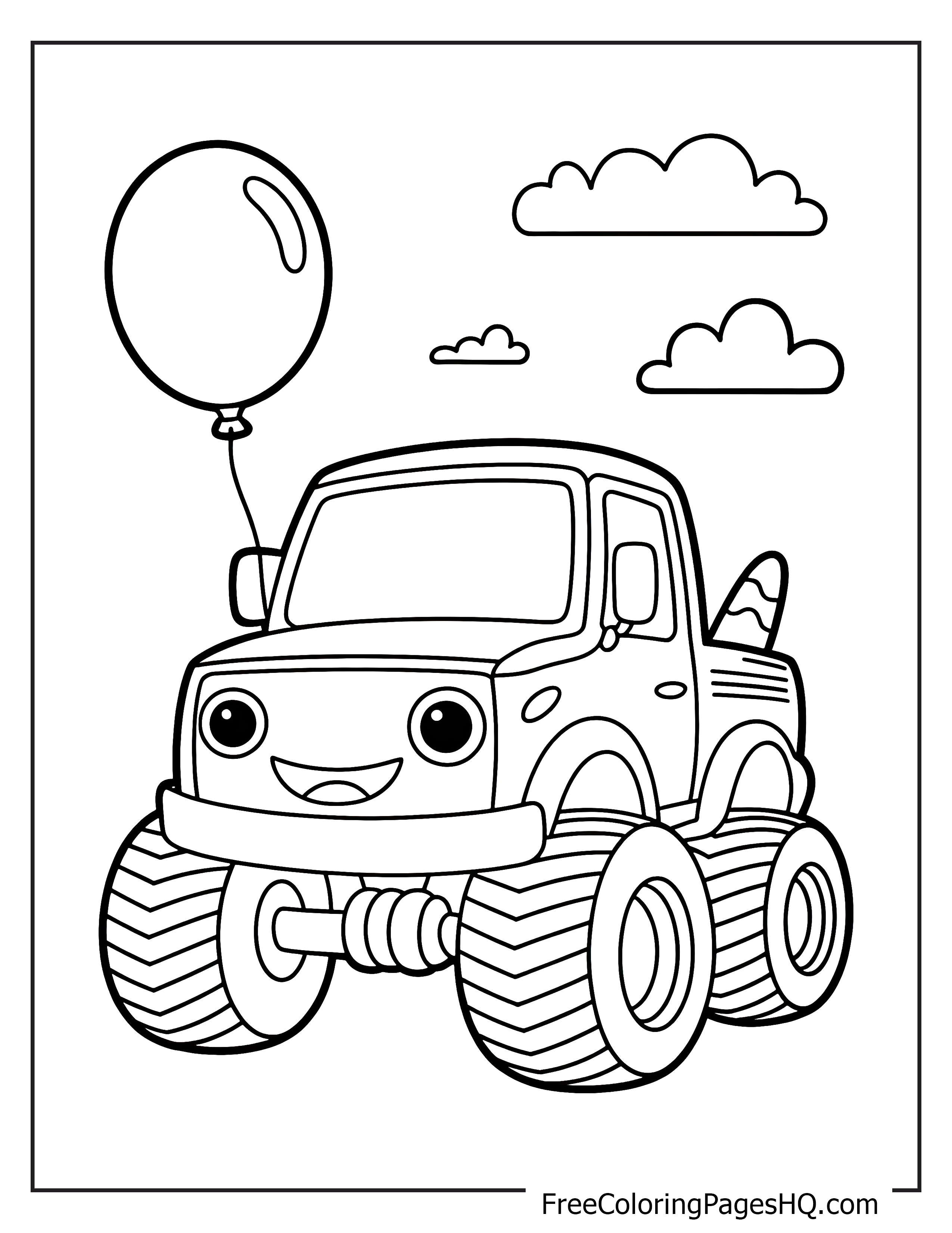 Cheerful monster truck holding a balloon with clouds.
