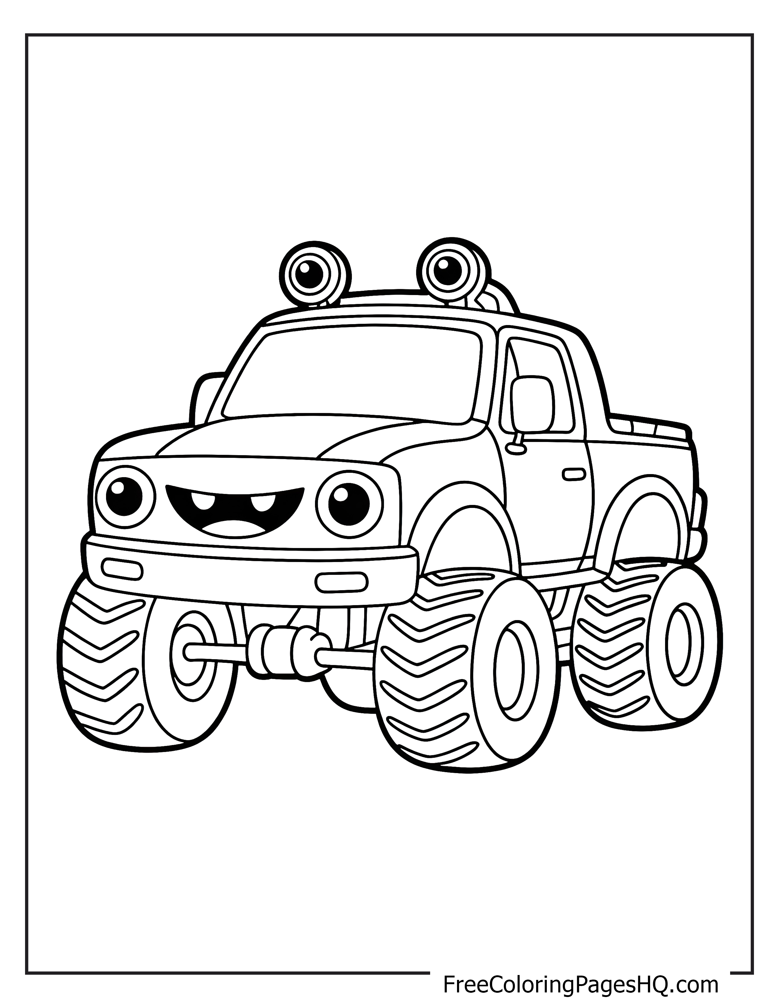 Smiling cartoon monster truck illustration for kids.