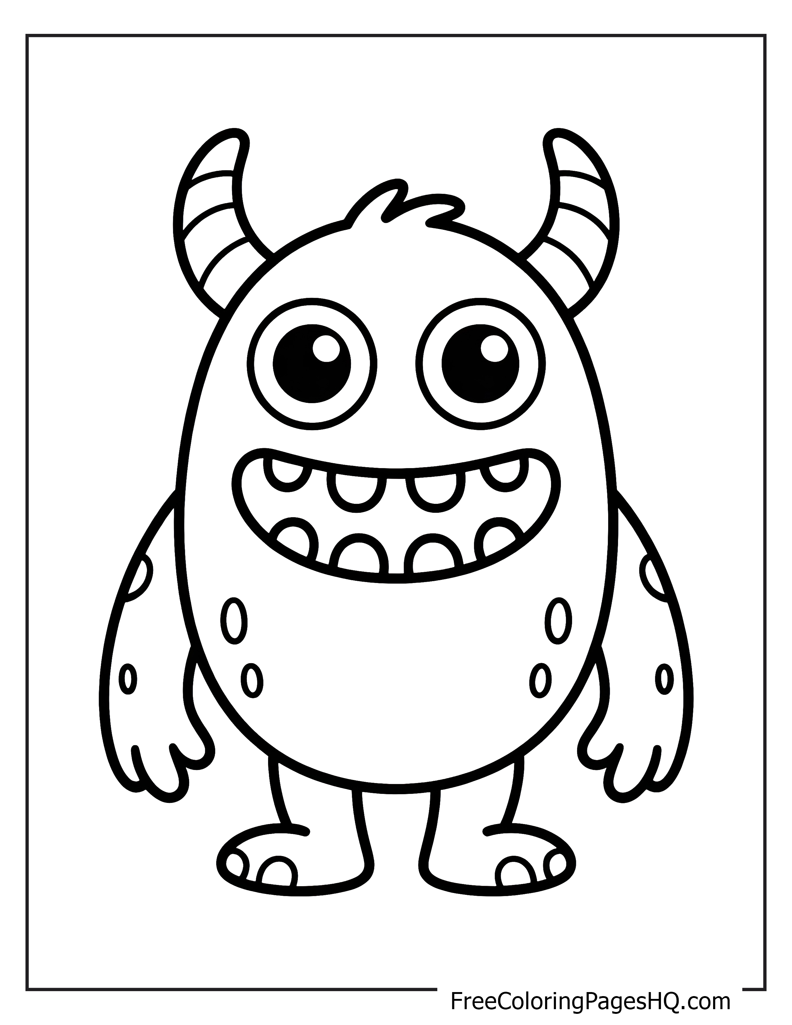 A happy monster with wide eyes, horns, and a big smile.