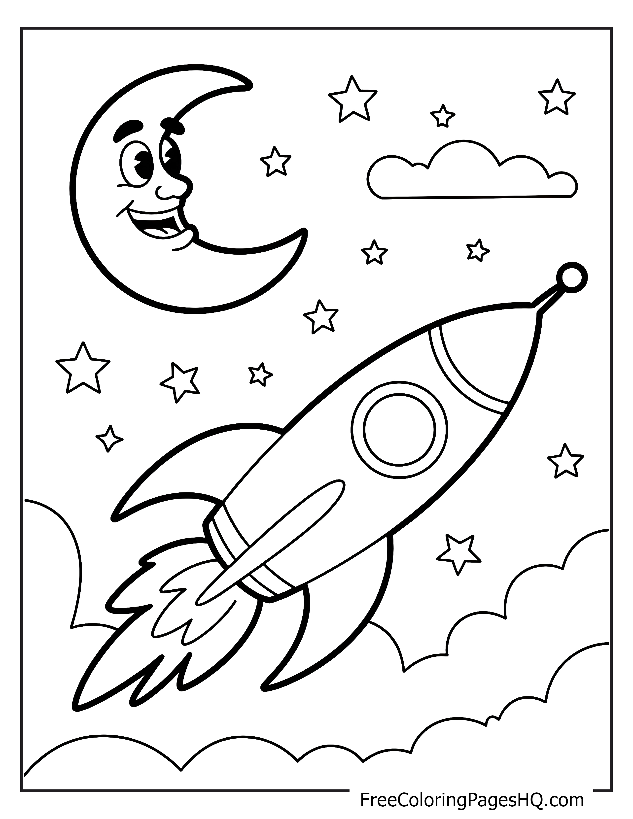 Playful rocket and moon with stars illustration.